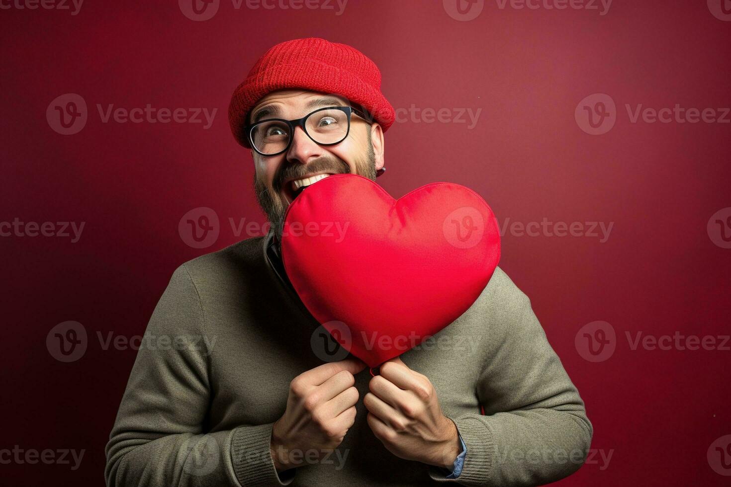 ai gerado retrato do uma feliz homem com uma vermelho coração em dia dos namorados dia conceito. foto