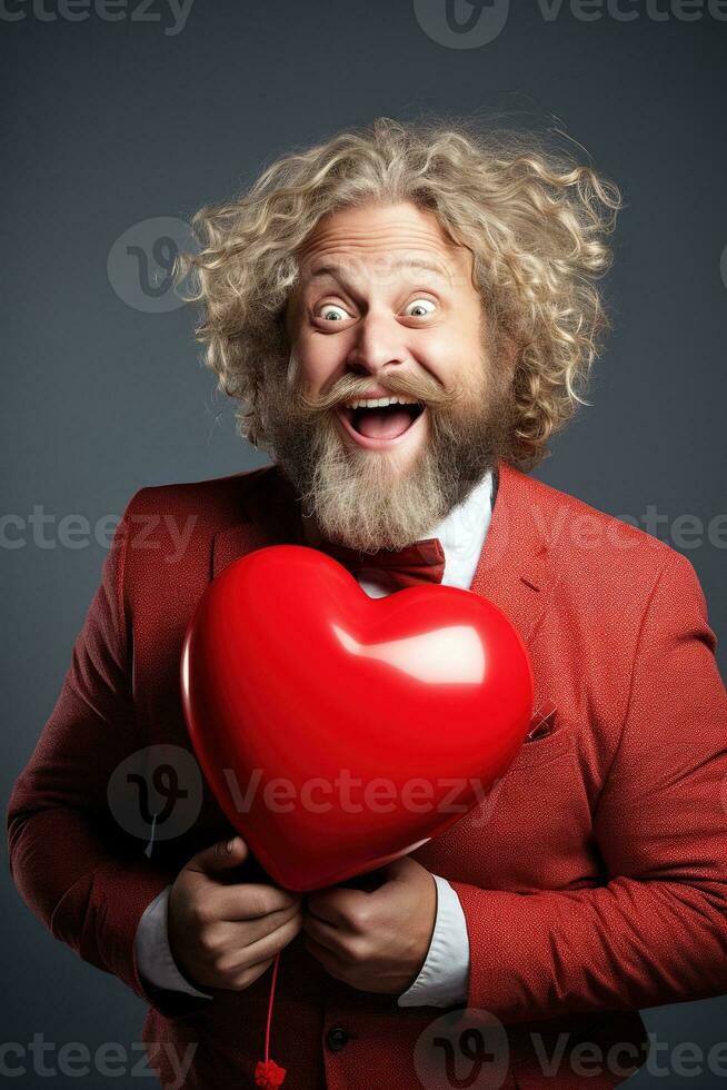 ai gerado retrato do uma feliz homem com uma vermelho coração em dia dos namorados dia conceito. foto