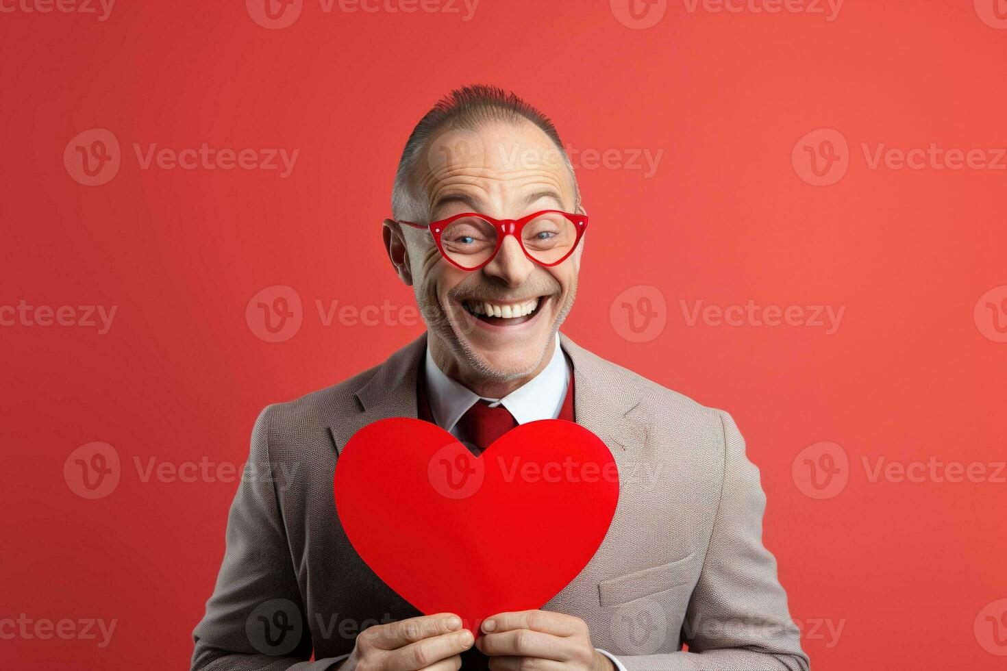 ai gerado retrato do uma feliz homem com uma vermelho coração em dia dos namorados dia conceito. foto