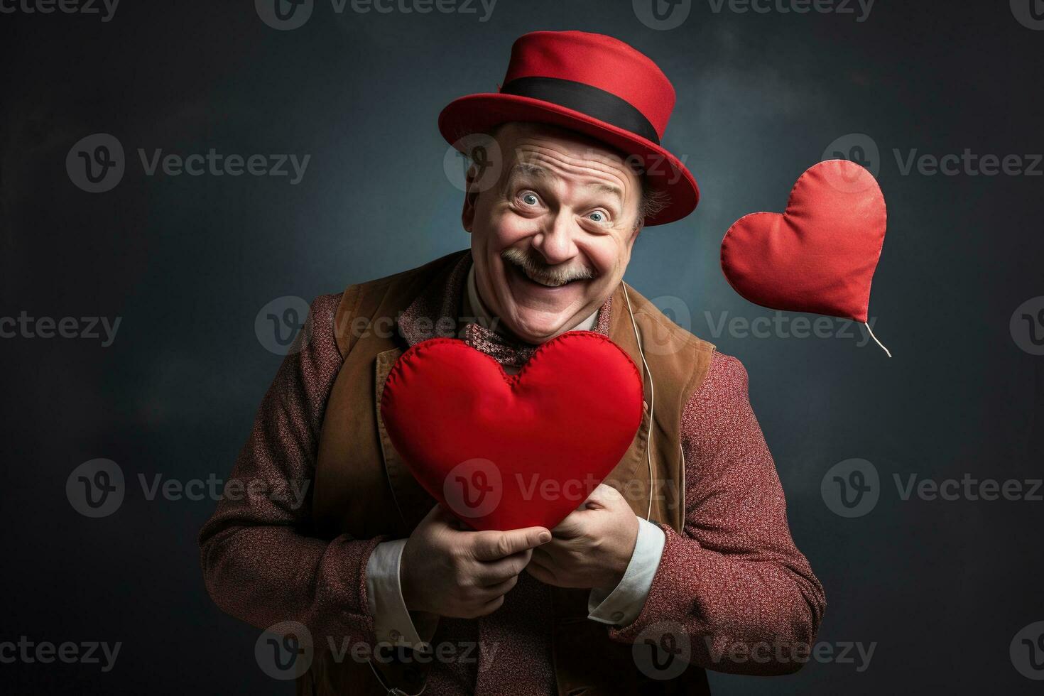 ai gerado retrato do uma feliz homem com uma vermelho coração em dia dos namorados dia conceito. foto