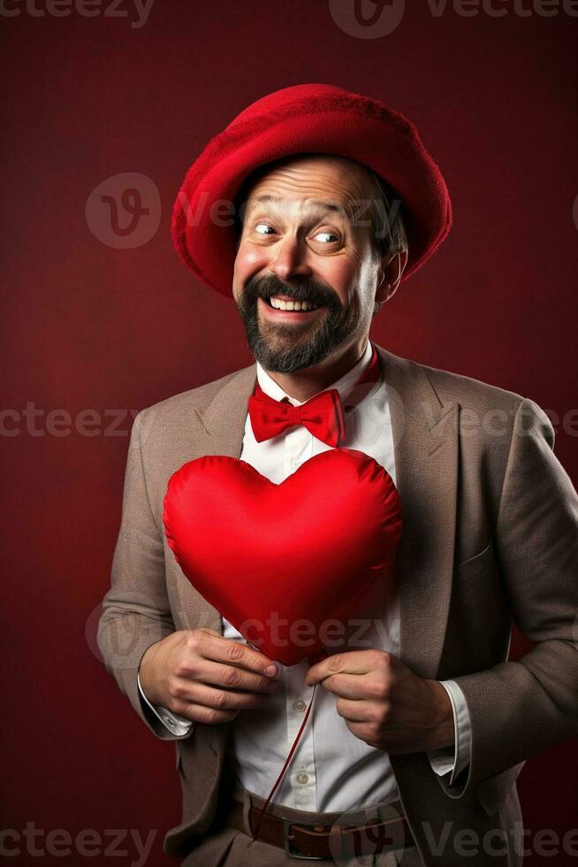 ai gerado retrato do uma feliz homem com uma vermelho coração em dia dos namorados dia conceito. foto