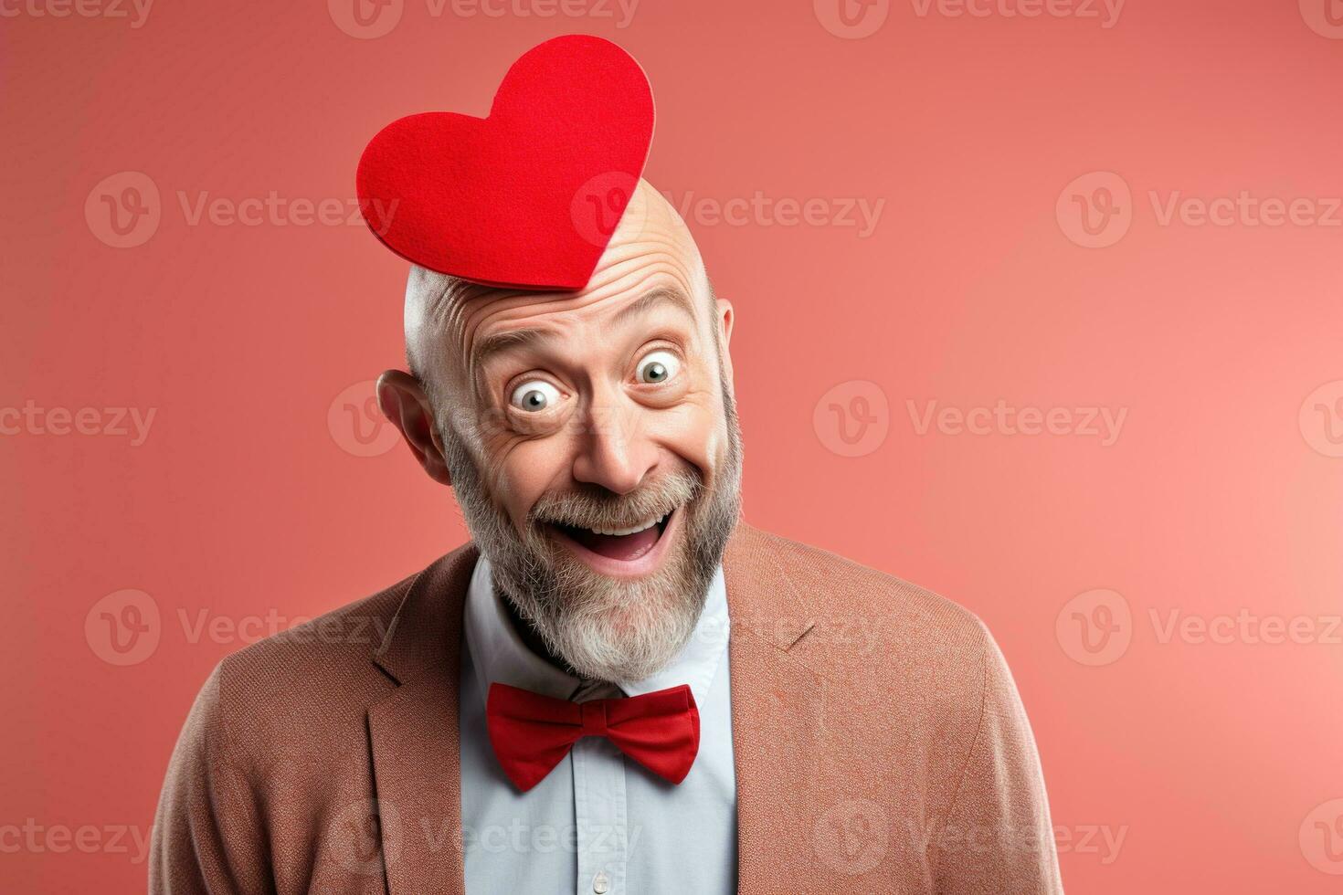 ai gerado retrato do uma feliz homem com uma vermelho coração em dia dos namorados dia conceito. foto