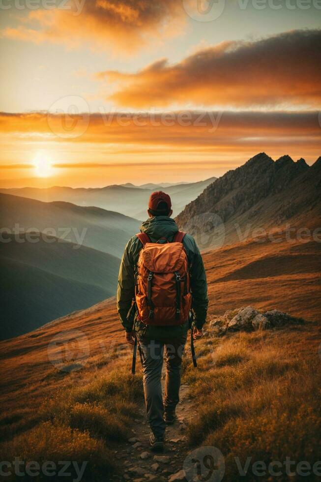 ai gerado caminhante com mochila caminhada dentro a montanhas às pôr do sol. viagem e aventura conceito, ai generativo. foto