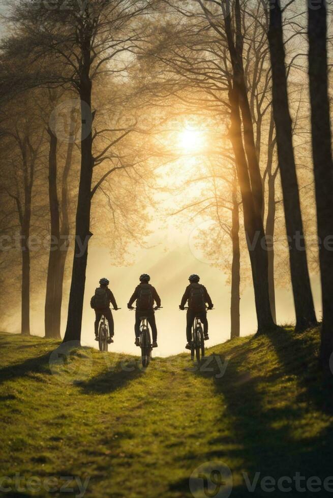 ai gerado ciclistas em a estrada dentro a montanhas às pôr do sol. esporte e ativo vida conceito, ai gerado. foto