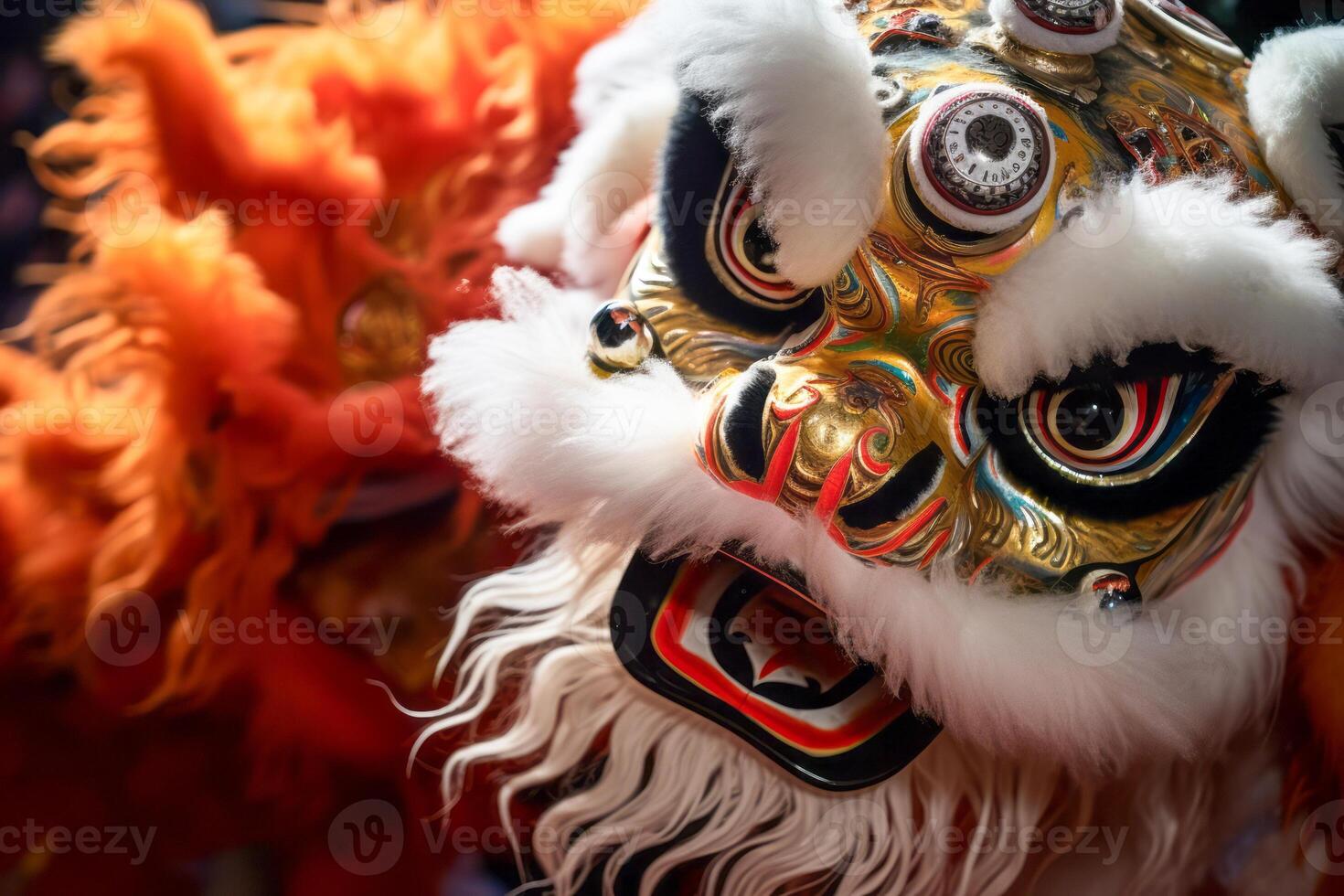 ai gerado tradicional leão dança mascarar dentro vibrante celebração foto