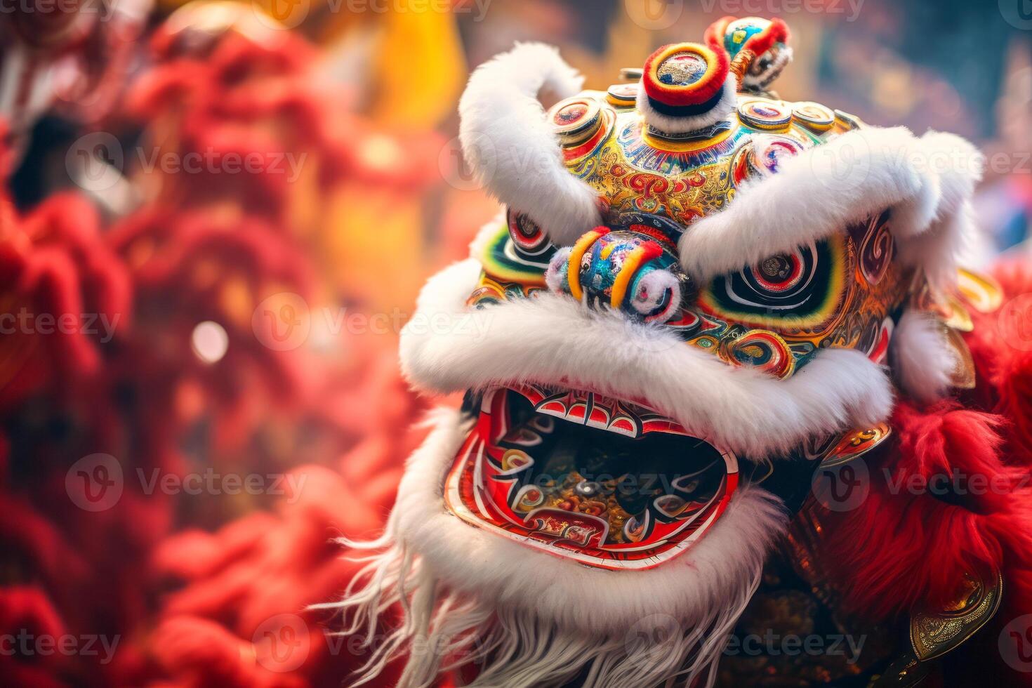 ai gerado fechar acima do tradicional chinês leão dança traje dentro desempenho foto