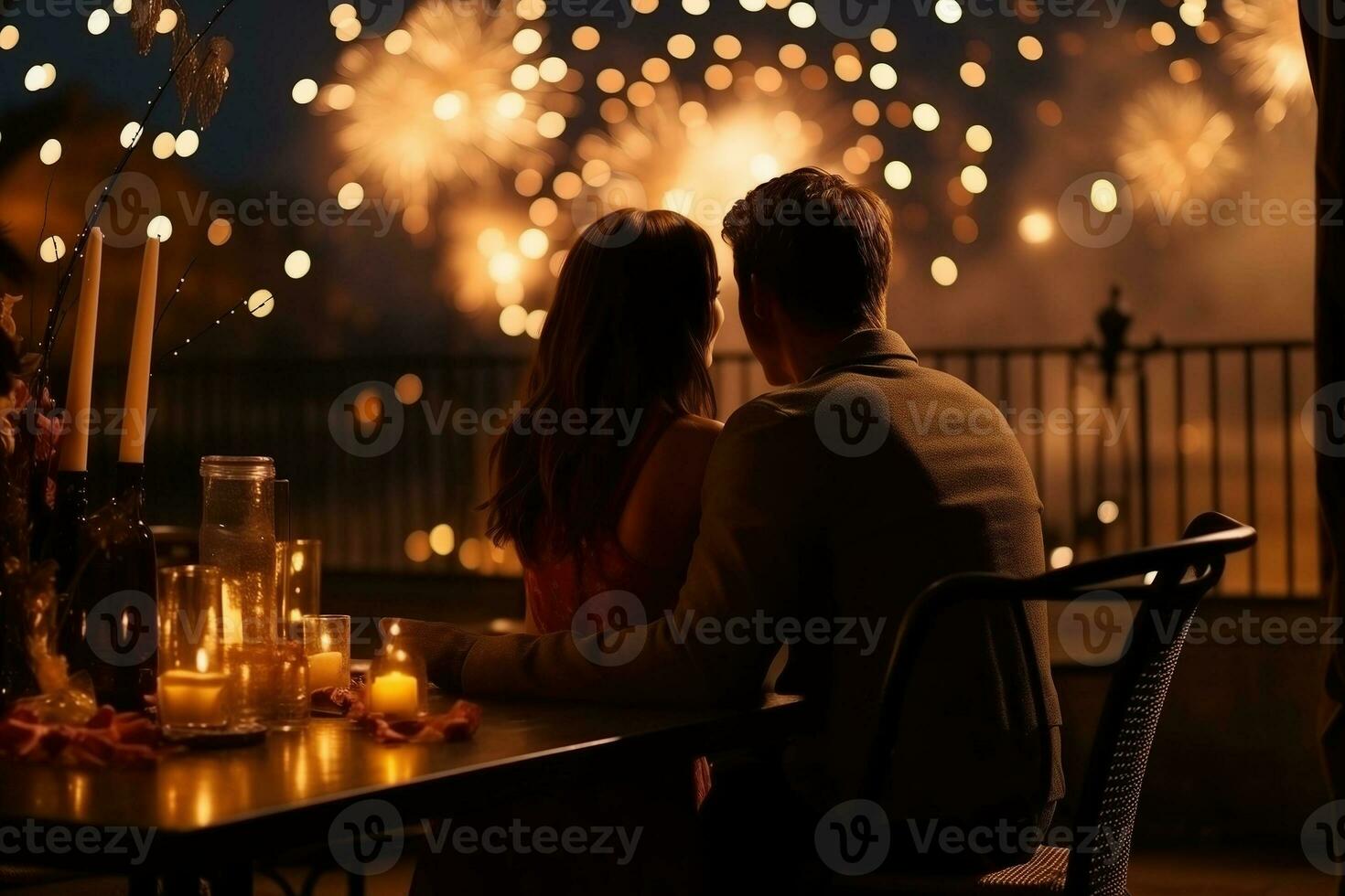 ai gerado casal namoro dentro restaurante, Novo anos dia celebração fogos de artifício foto