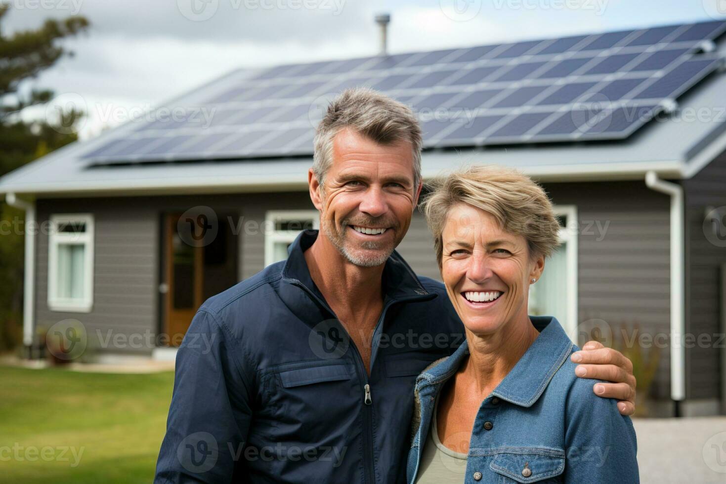 ai gerado uma feliz casal e uma ampla casa com solar painéis instalado. foto