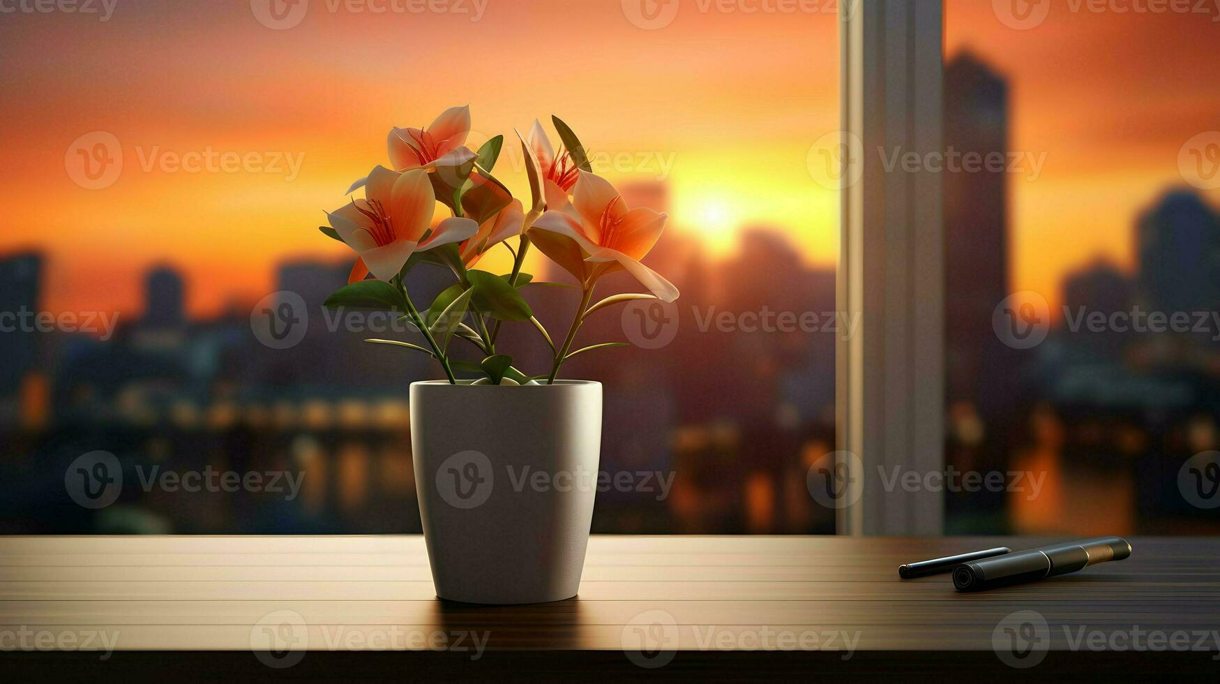 ai gerado flor Panela em uma escritório mesa, suculento cacto vaso, generativo ai foto