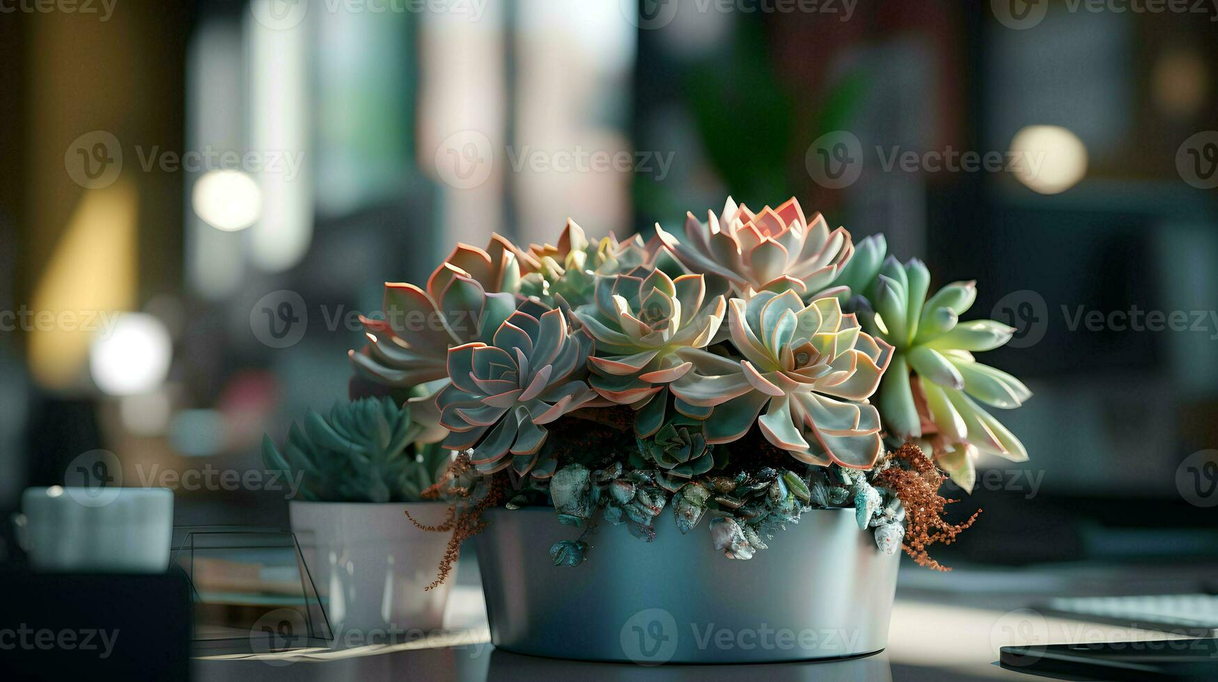 ai gerado flor Panela em uma escritório mesa, suculento cacto vaso, generativo ai foto