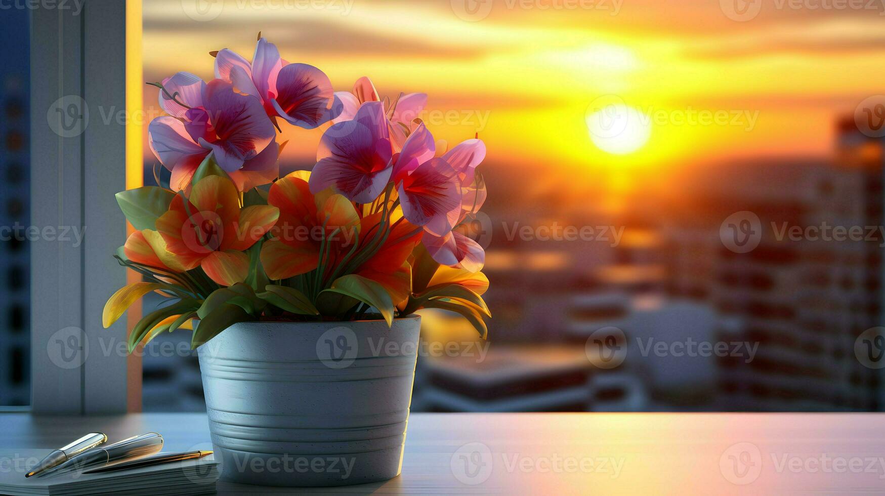 ai gerado flor Panela em uma escritório mesa, suculento cacto vaso, generativo ai foto
