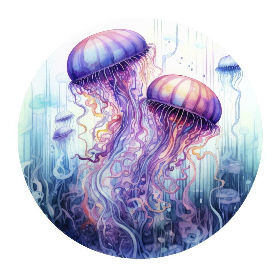 ai gerado medusa dentro a embaixo da agua panorama dentro uma círculo. ai gerado foto