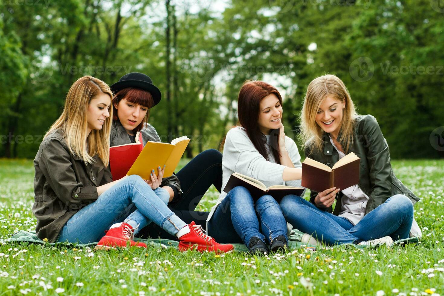 jovem fêmea alunos Aprendendo dentro a parque foto