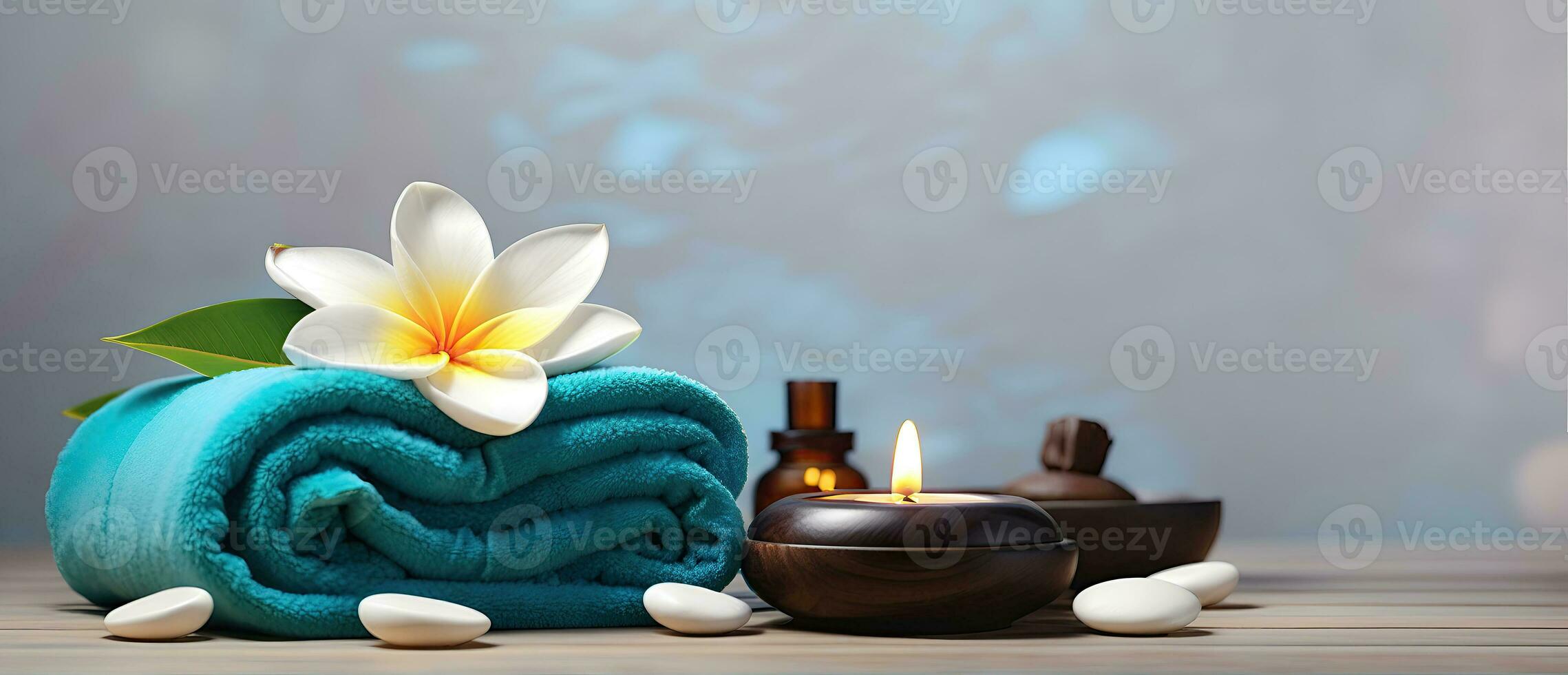 ai gerado spa tratamento aroma terapia com velas, pedras e flores para relaxar bem-estar. foto