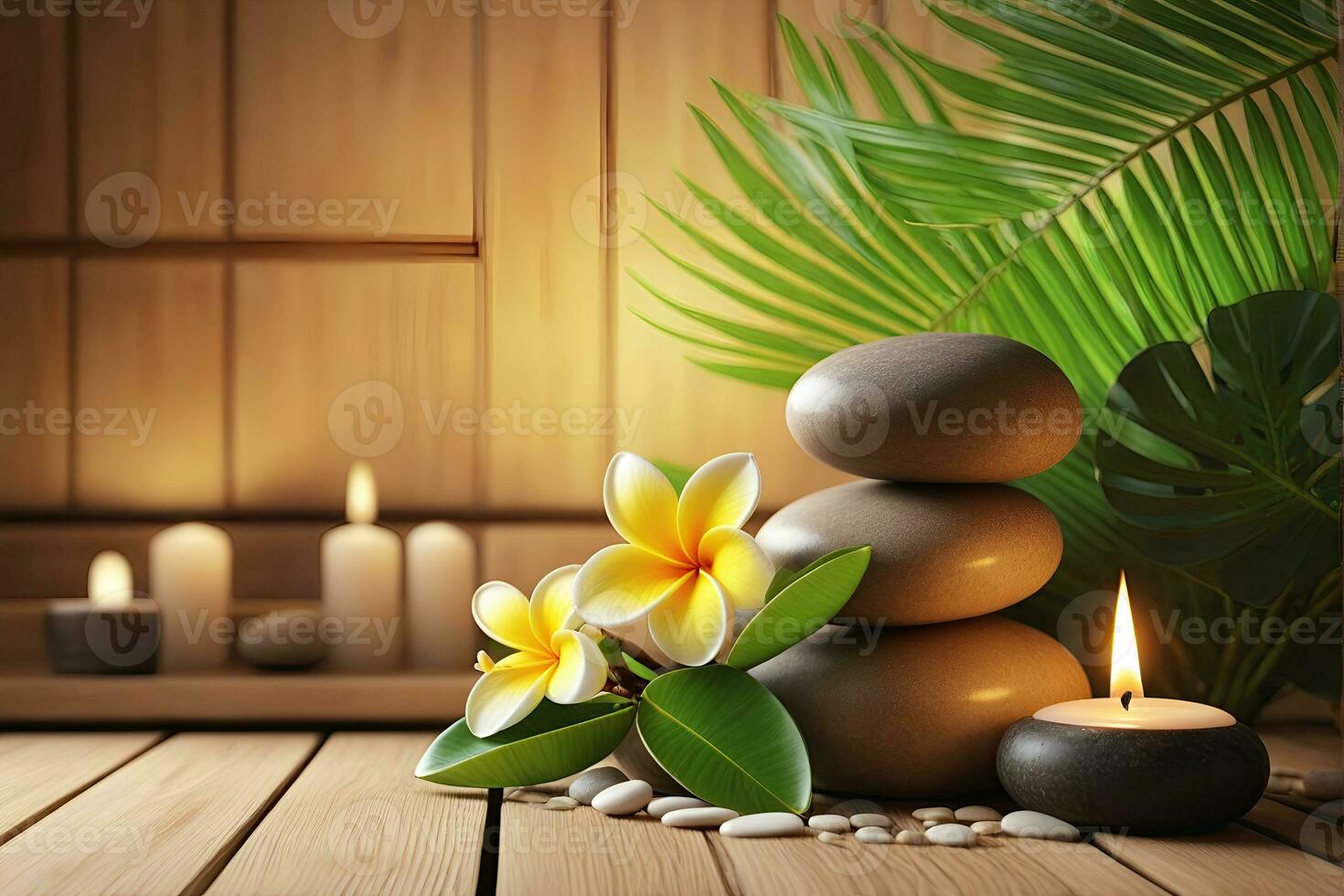 ai gerado spa tratamento aroma terapia com velas, pedras e flores para relaxar bem-estar. foto