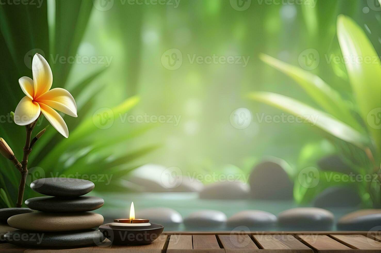 ai gerado spa tratamento aroma terapia com velas, pedras e flores para relaxar bem-estar. foto