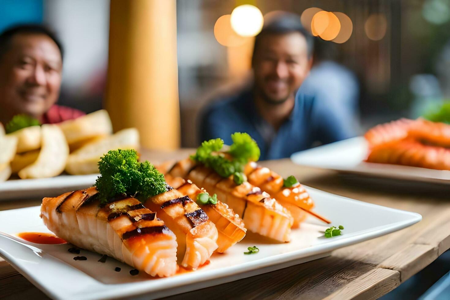 ai gerado dois homens sentado às uma mesa com Comida em pratos. gerado por IA foto