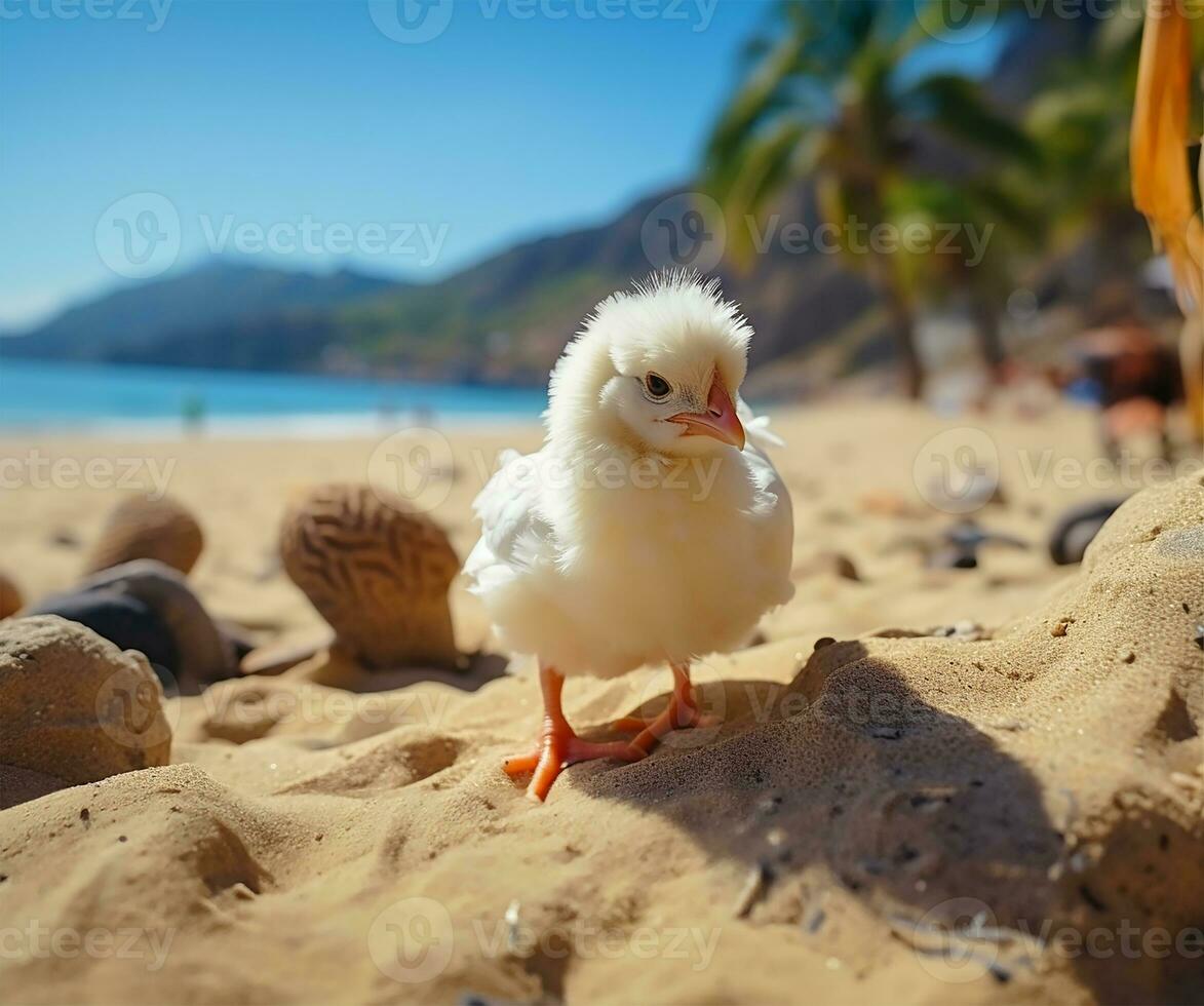 ai gerado frango explorando uma ensolarado, arenoso de praia foto