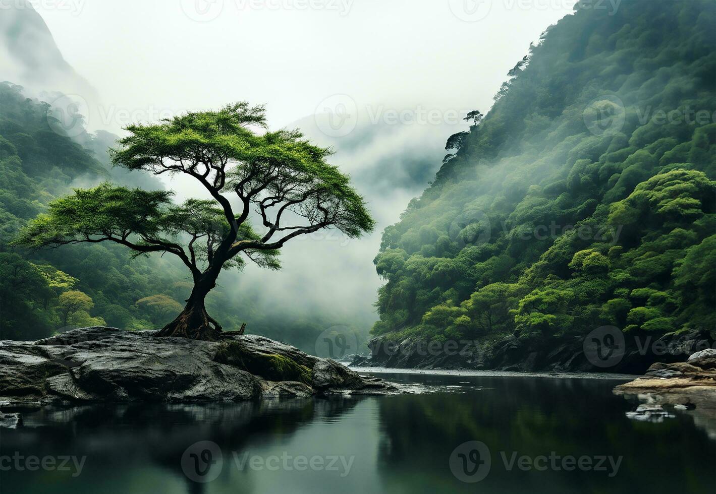 ai gerado solitário árvore crescendo dentro a meio do uma selva em uma nebuloso dia foto