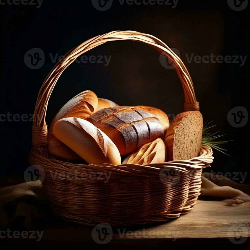 ai gerado pão dentro uma cesta em uma mesa foto