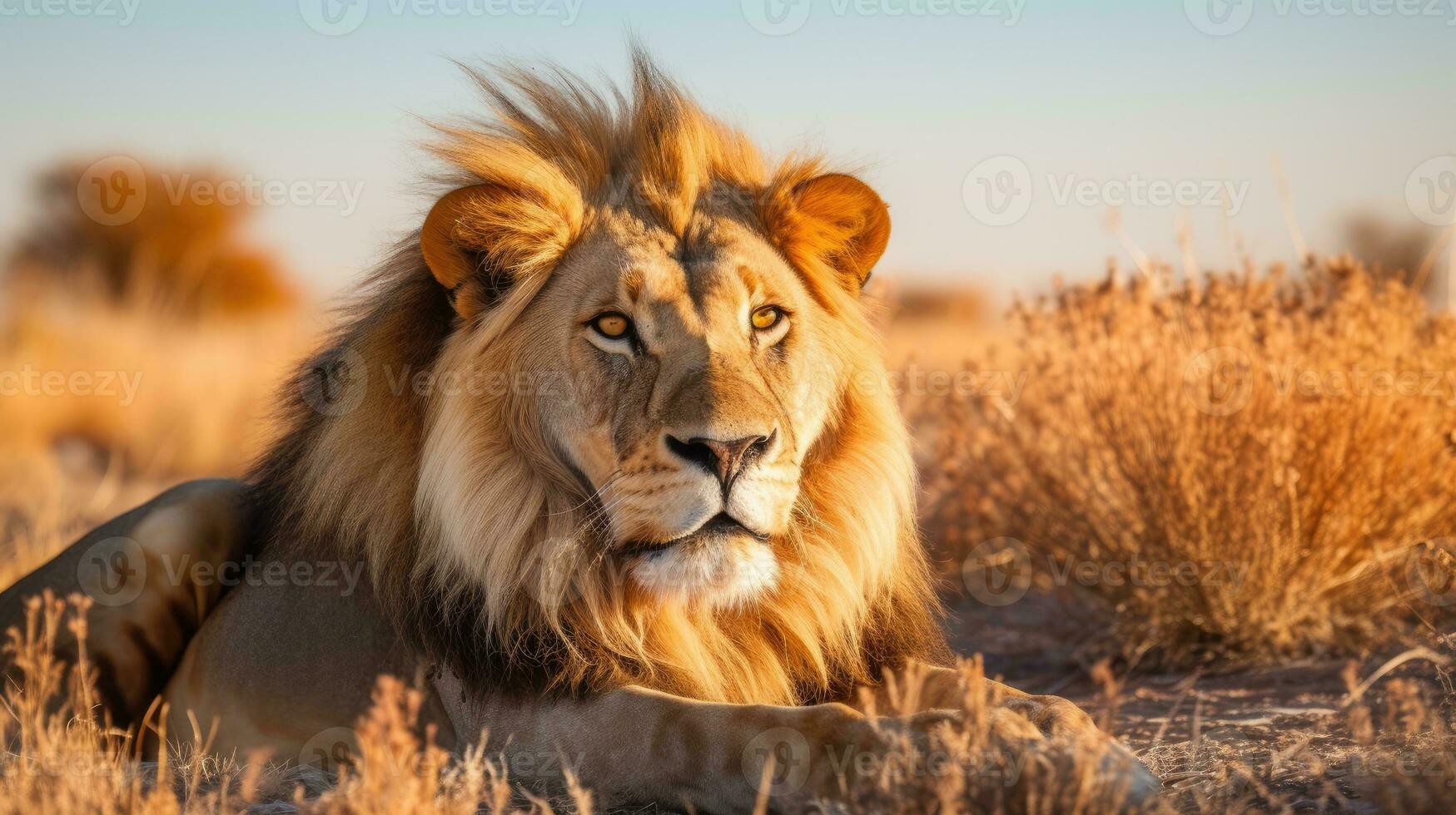 ai gerado grande masculino africano leão, Panthera leo deitado dentro a Relva foto