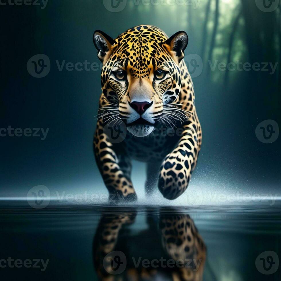 ai gerado uma leopardo caminhando através água com Relva e palhetas dentro a fundo foto