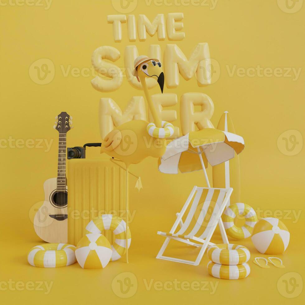 3d ilustração do mala de viagem acessórios com guarda-chuva e flamingo em amarelo verão férias, abstrato amarelo fundo foto
