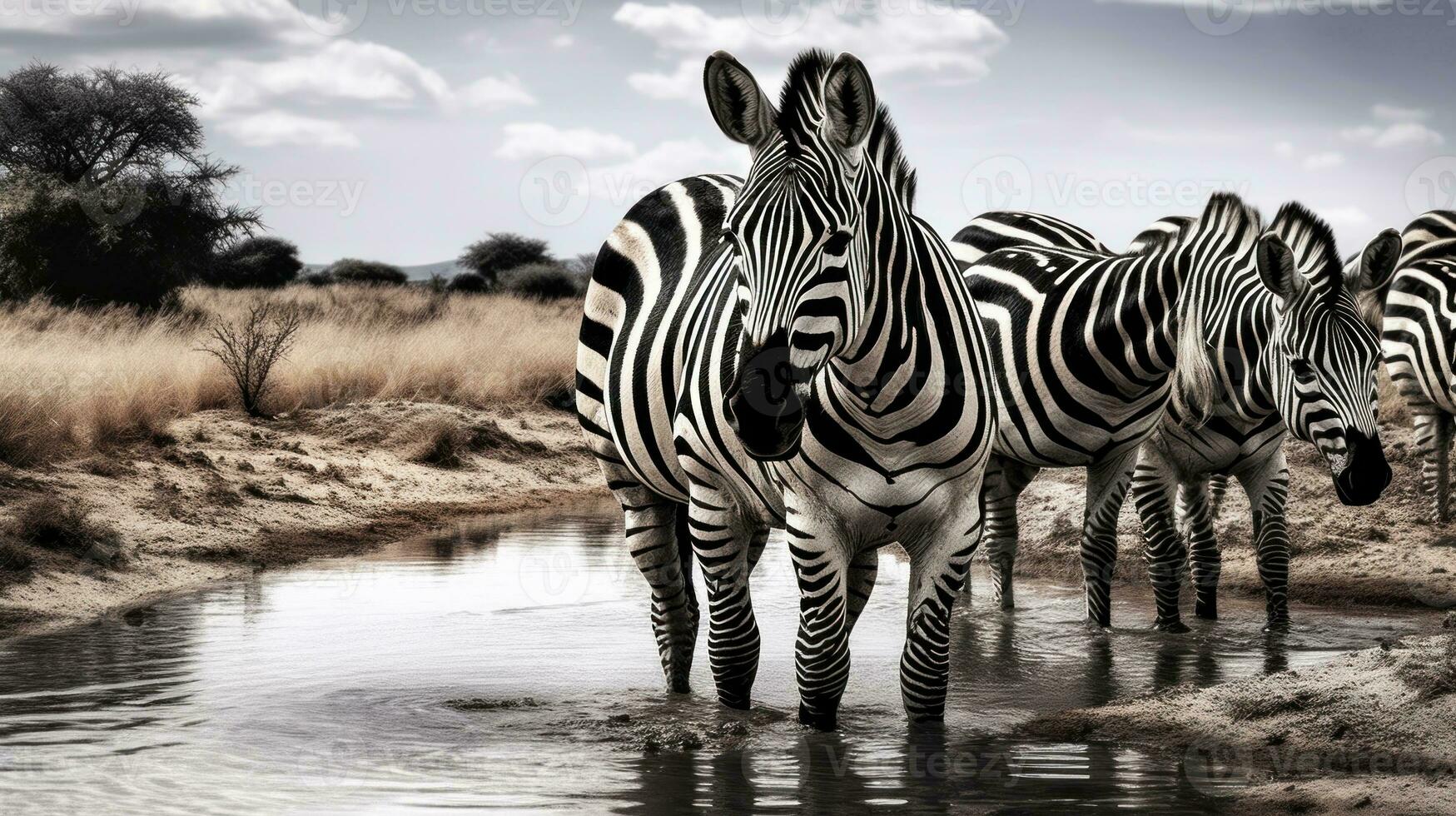 ai gerado uma grupo do zebras em pé Próximo para uma corpo do água, ai foto