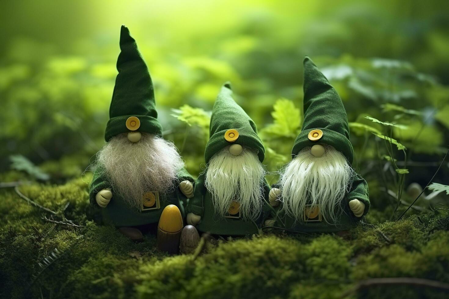 ai gerado brinquedo irlandês gnomos dentro uma mistério floresta, abstrato verde natural fundo. generativo ai foto