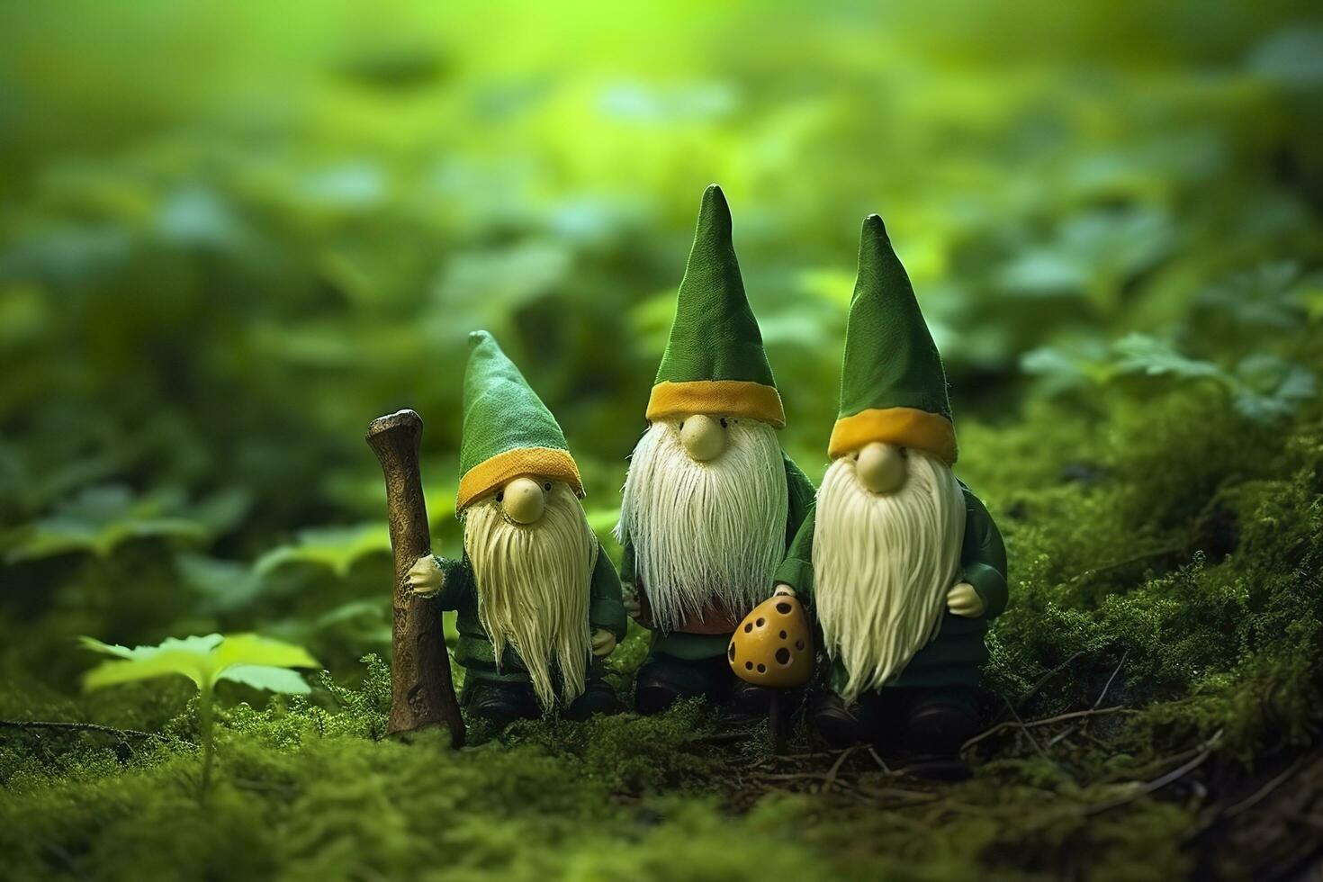 ai gerado brinquedo irlandês gnomos dentro uma mistério floresta, abstrato verde natural fundo. generativo ai foto