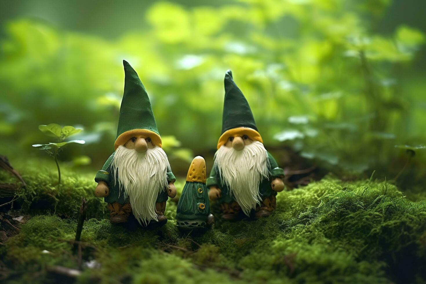 ai gerado brinquedo irlandês gnomos dentro uma mistério floresta, abstrato verde natural fundo. generativo ai foto