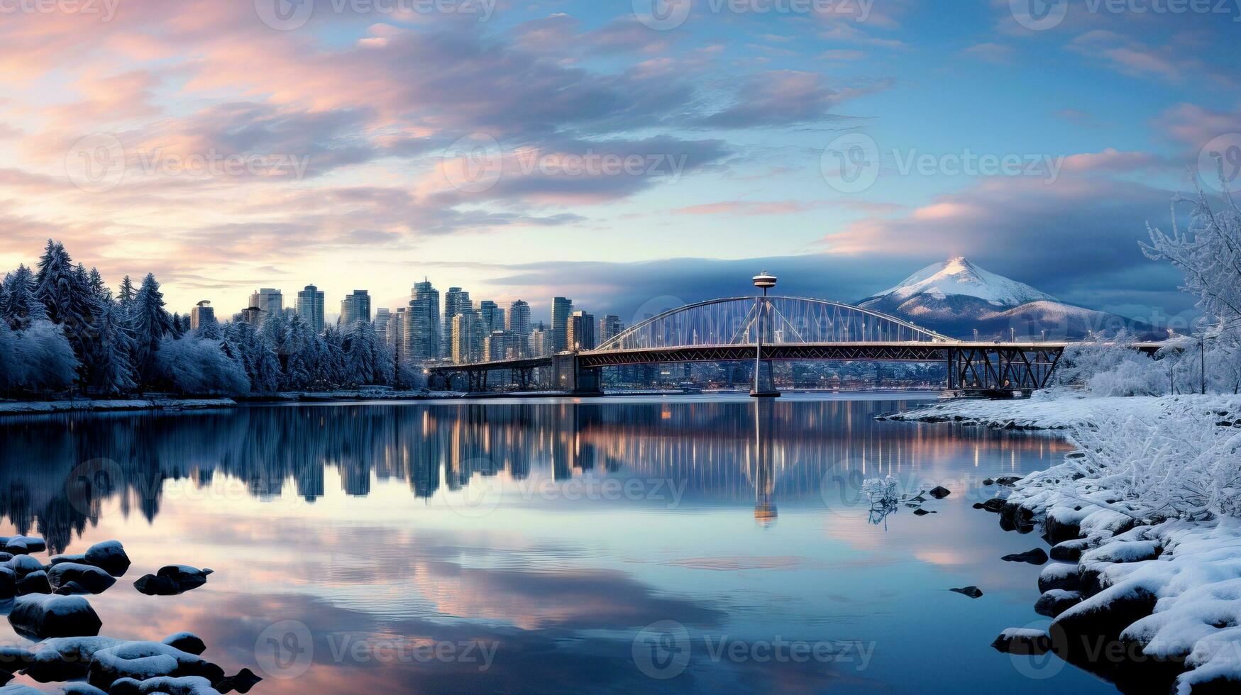 ai gerado panorâmico Visão do uma inverno Toronto cidade Horizonte, cidade luzes refletindo fora a gelado superfícies e criando uma mágico, urbano inverno país das maravilhas foto