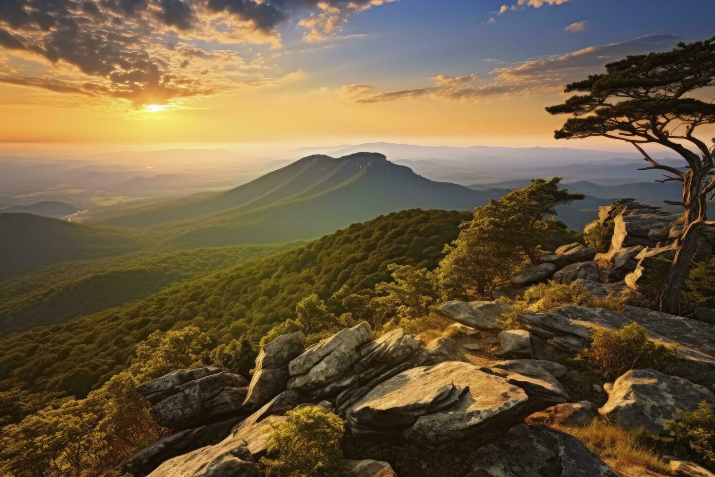 ai gerado pôr do sol em montanha. foto