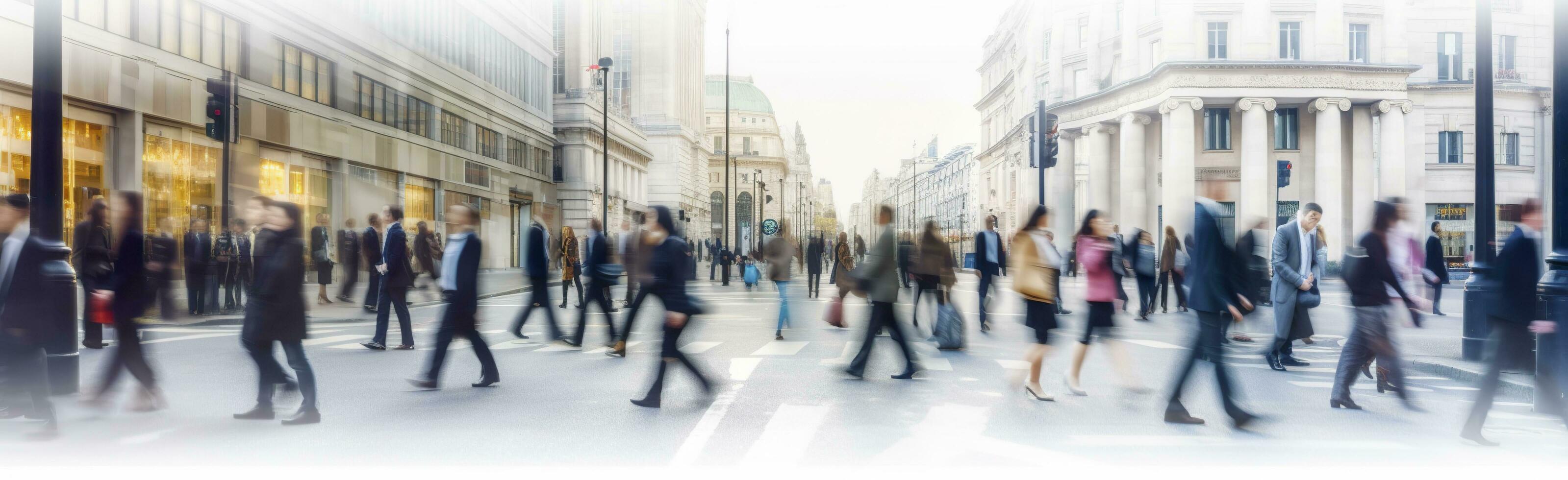 ai gerado caminhando pessoas borrão. grande quantidade do pessoas andar dentro a cidade do Londres. Largo panorâmico Visão do pessoas cruzando a estrada. ai gerado foto