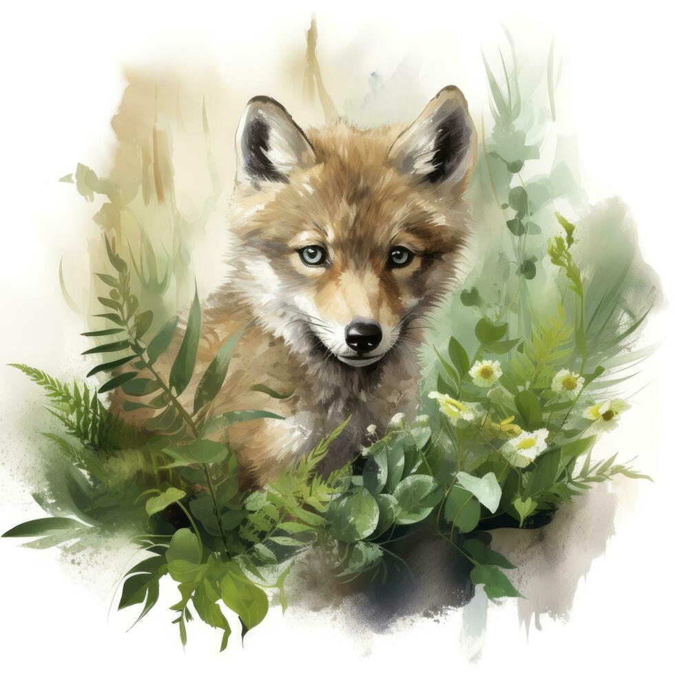 ai gerado Lobo animal dentro vegetação para crianças emocional aquarelas. ai gerado foto