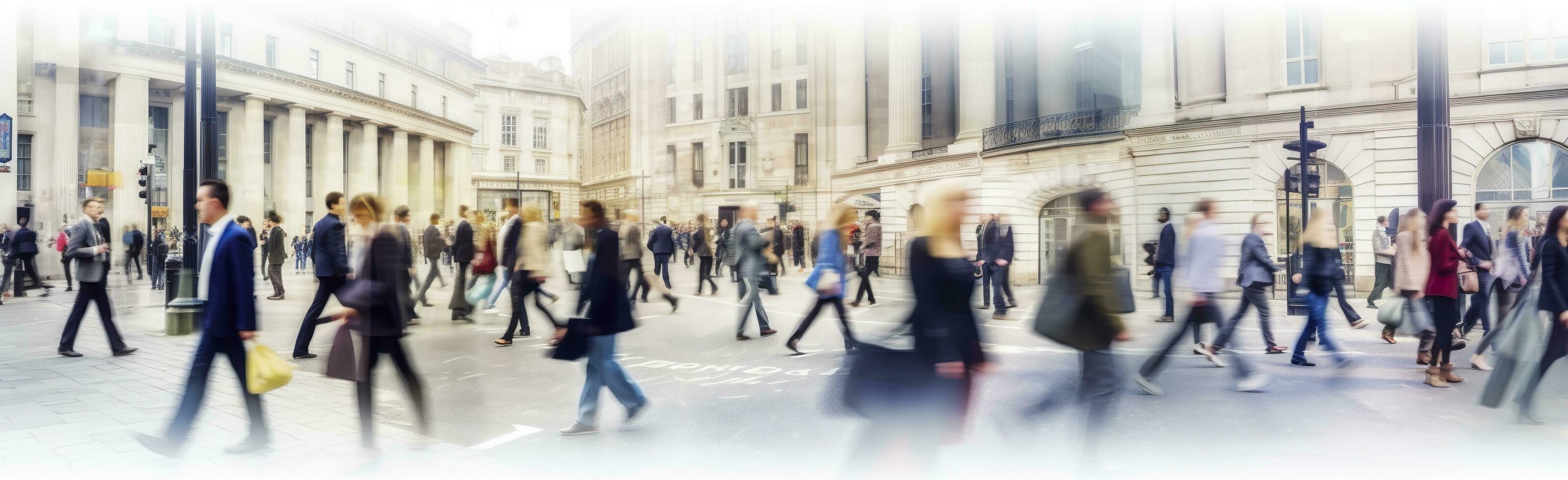 ai gerado caminhando pessoas borrão. grande quantidade do pessoas andar dentro a cidade do Londres. Largo panorâmico Visão do pessoas cruzando a estrada. ai gerado foto