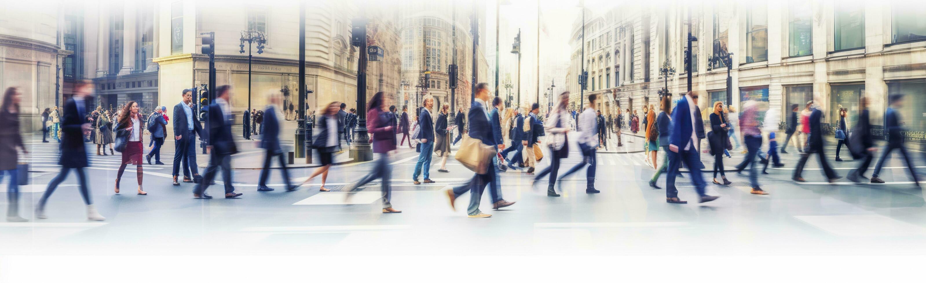 ai gerado caminhando pessoas borrão. grande quantidade do pessoas andar dentro a cidade do Londres. Largo panorâmico Visão do pessoas cruzando a estrada. ai gerado foto