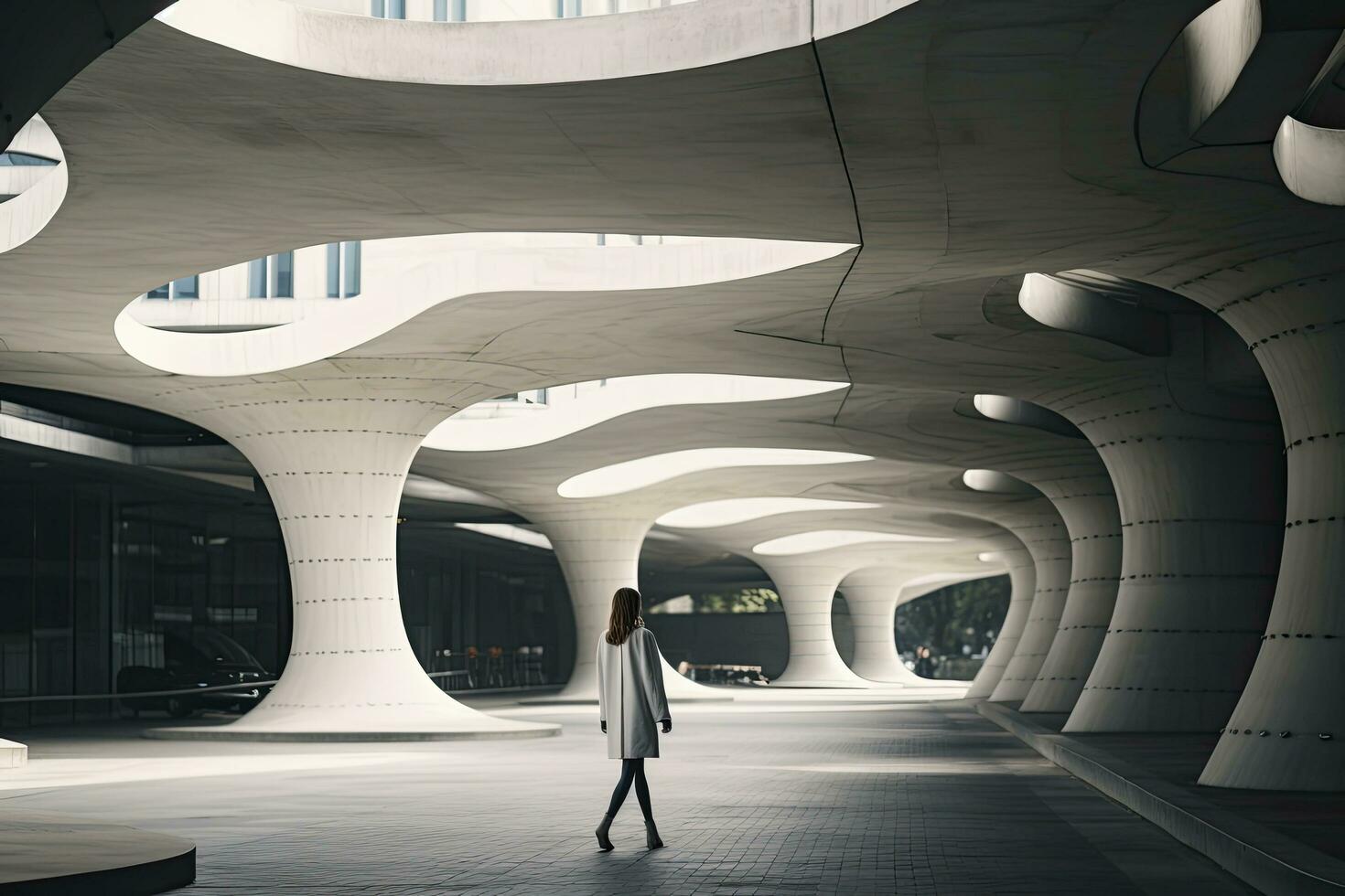 ai gerado mulher caminhando dentro futurista brutalista cidade rua. ai gerado. foto