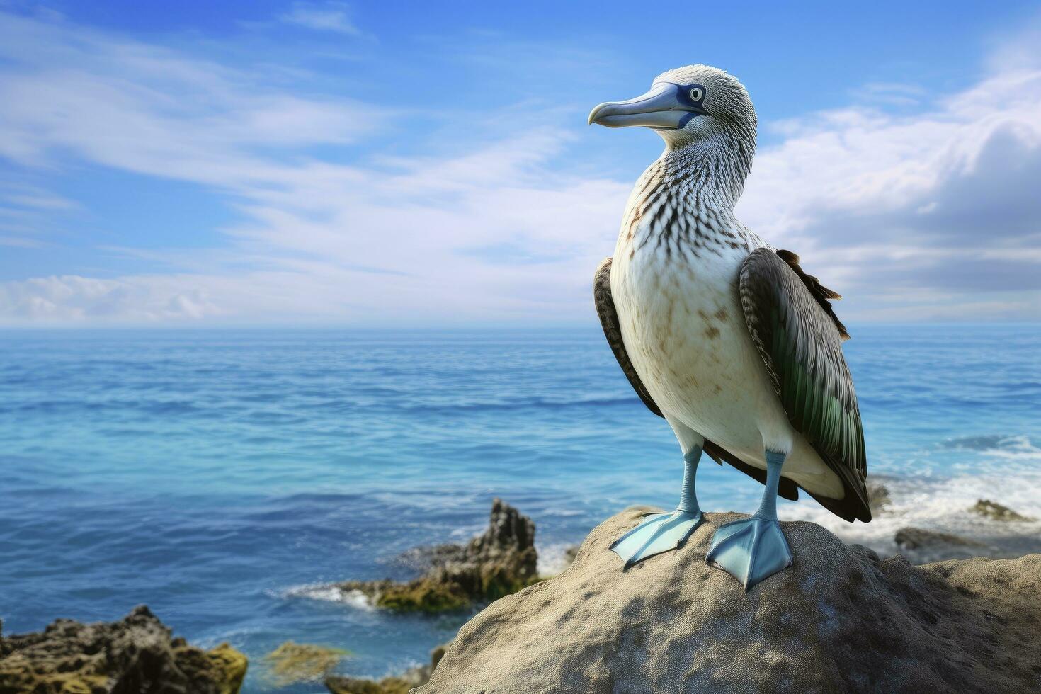 ai gerado a raro de pés azuis booby descansos em a de praia. ai gerado foto