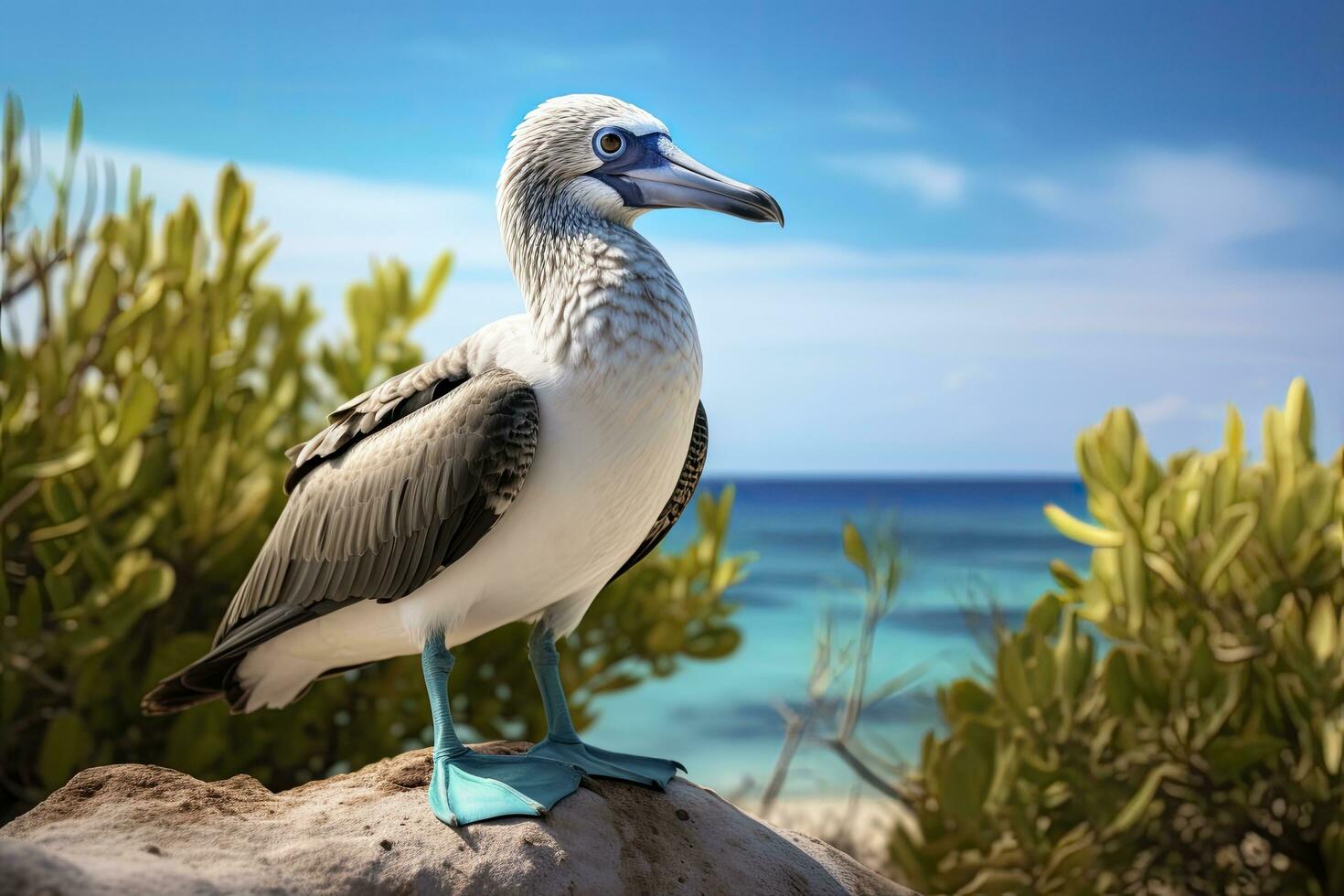 ai gerado a raro de pés azuis booby descansos em a de praia. ai gerado foto