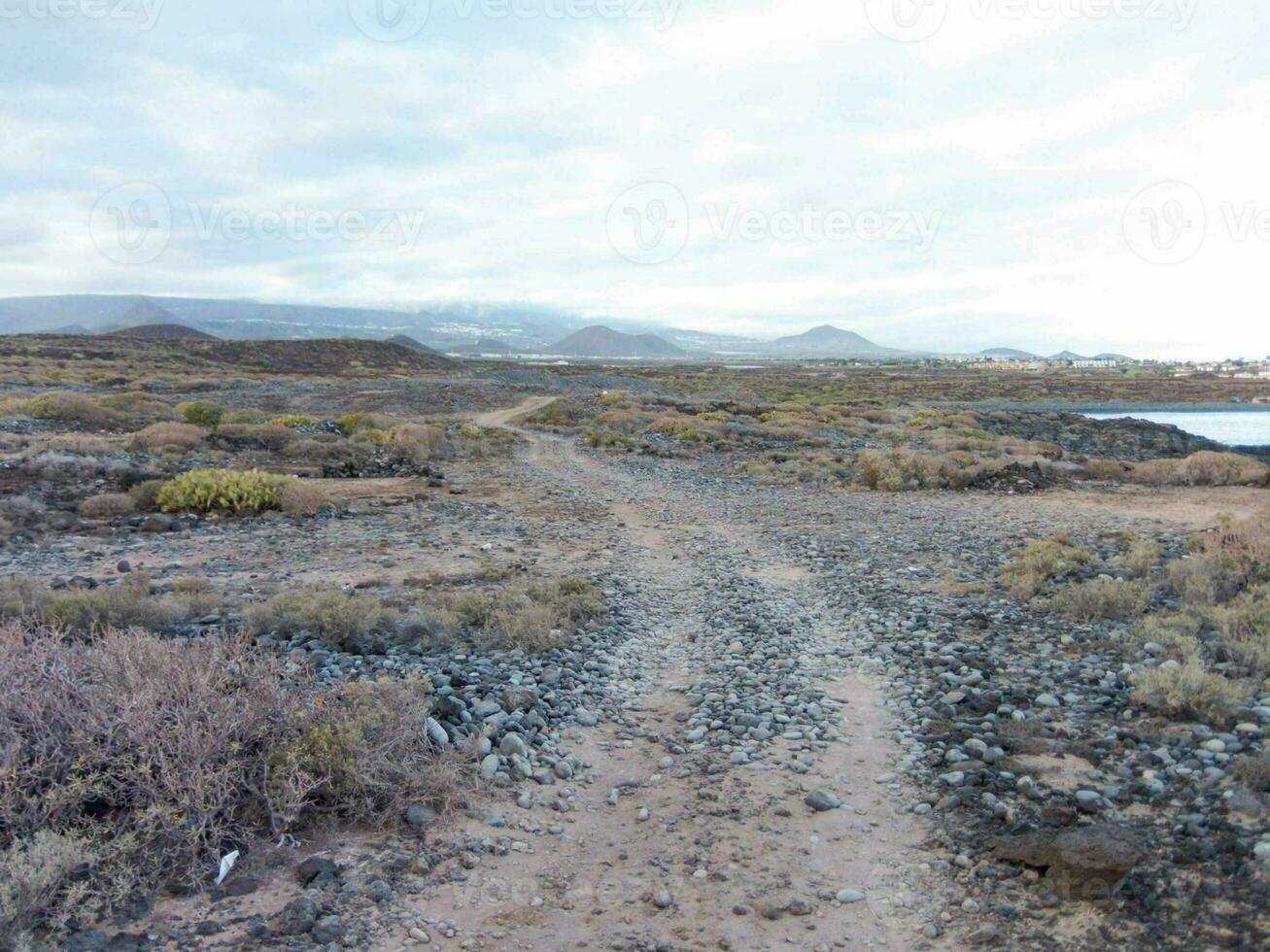 uma sujeira estrada dentro a meio do uma deserto com montanhas dentro a fundo foto