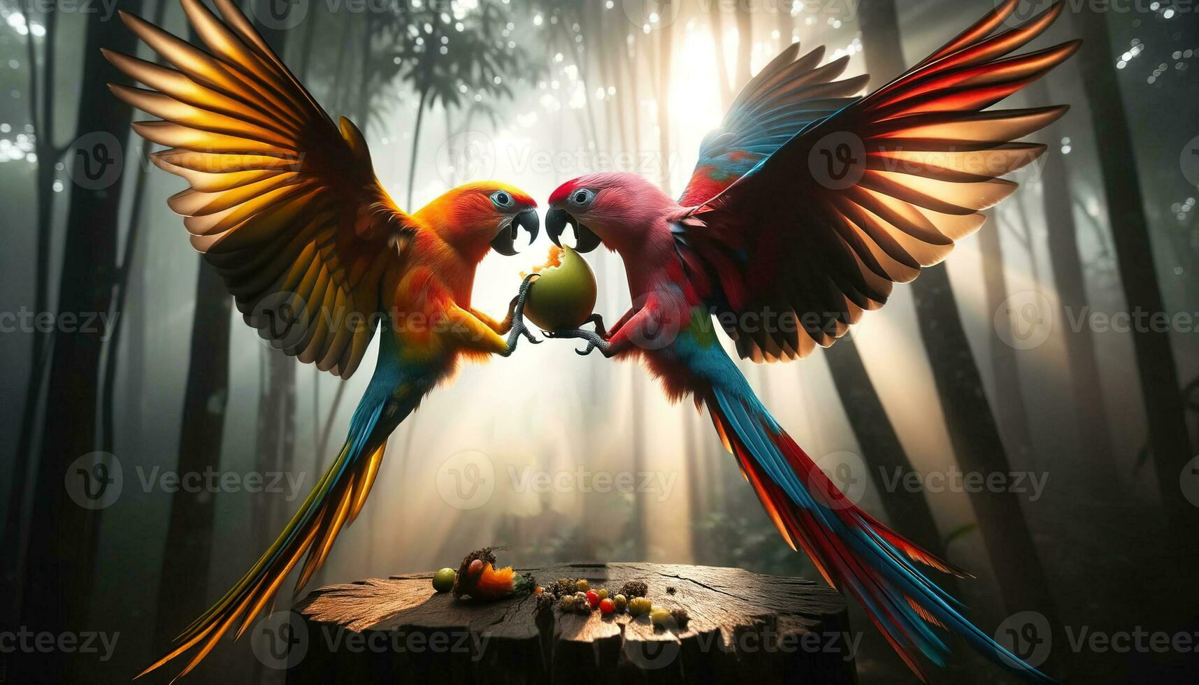ai gerado colorida papagaios de brincadeira brigando sobre uma fruta. generativo ai foto