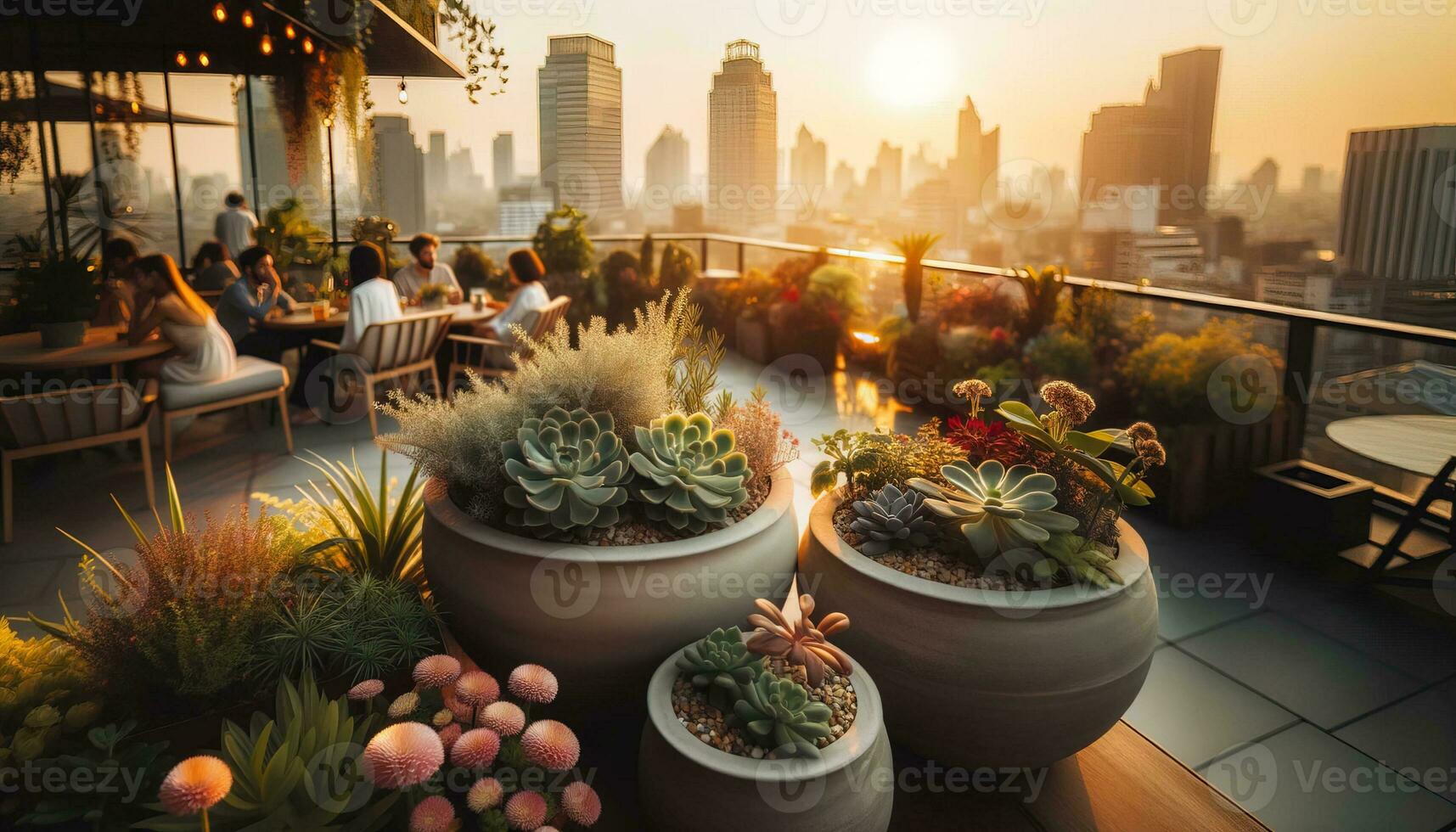 ai gerado pessoas desfrutando a pôr do sol em uma cidade telhado jardim cercado de em vaso plantas e cidade Visualizações. generativo ai foto