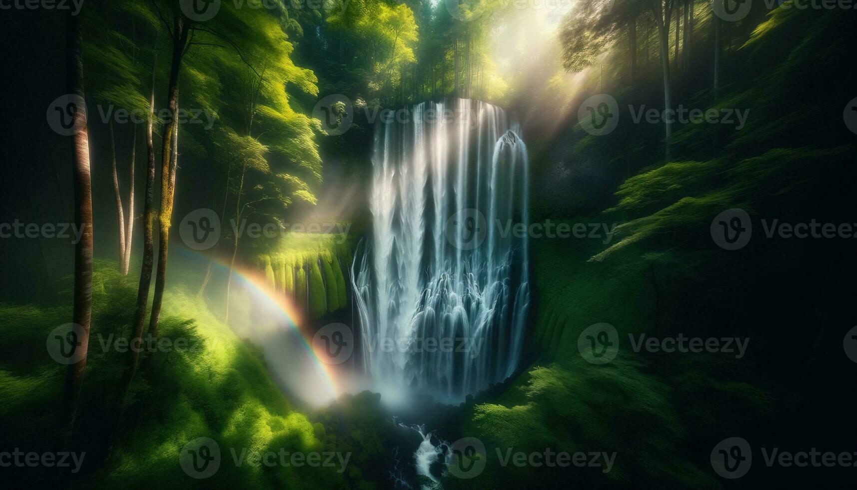 ai gerado arco Iris matizes brilhando através a névoa do uma escondido cascata dentro uma denso floresta. generativo ai foto