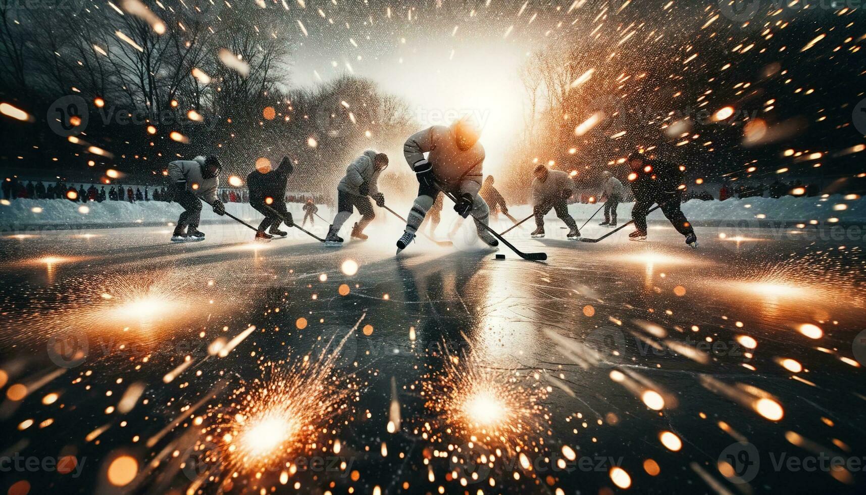 ai gerado fotografia exibindo hóquei jogadoras dentro a meio do uma ritmo acelerado jogos em uma natural gelo lago. generativo ai foto