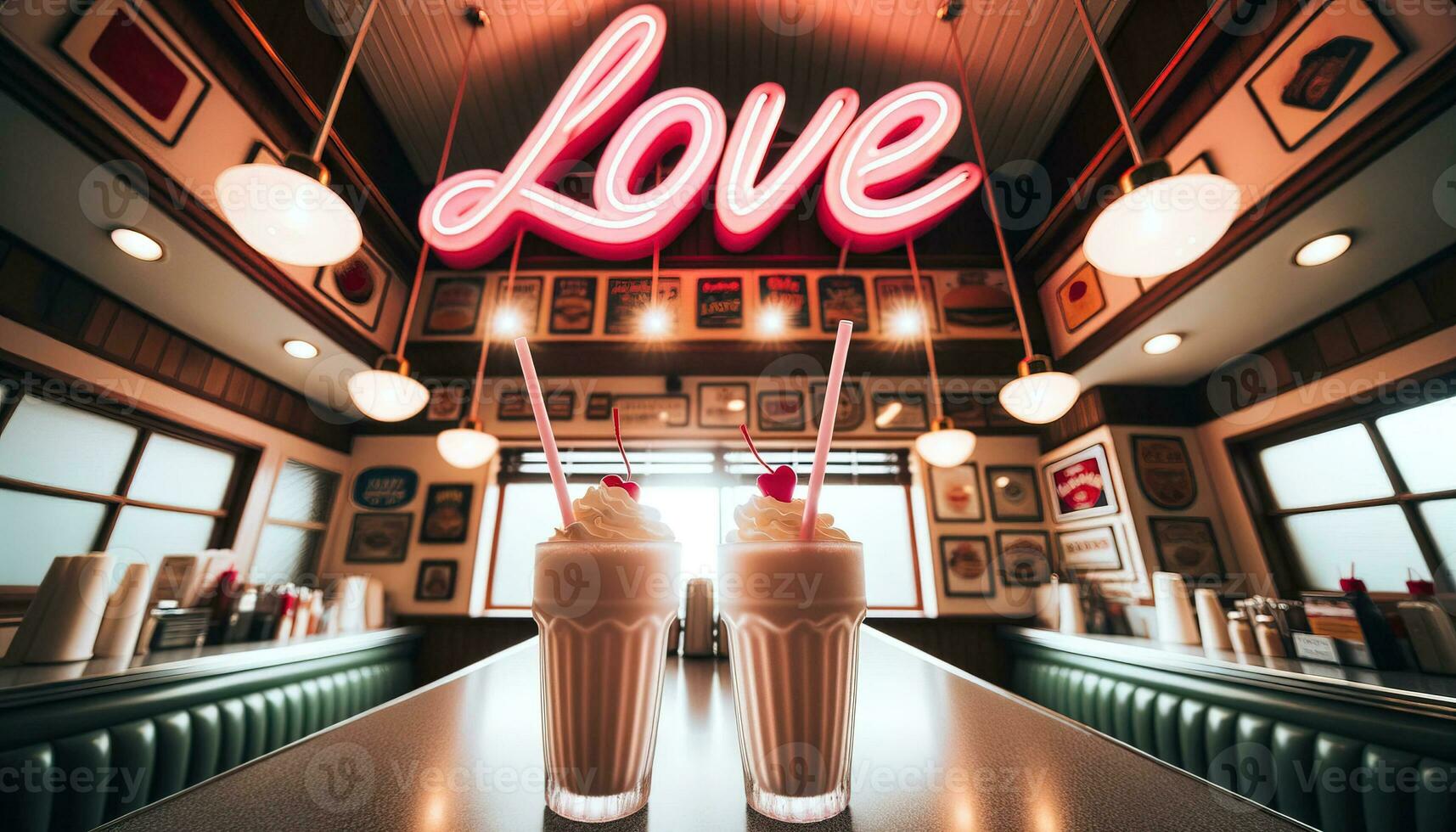 ai gerado foto do a velho restaurante configuração com dois gelado milkshakes em a mesa com a palavra amor escrito em isto. generativo ai