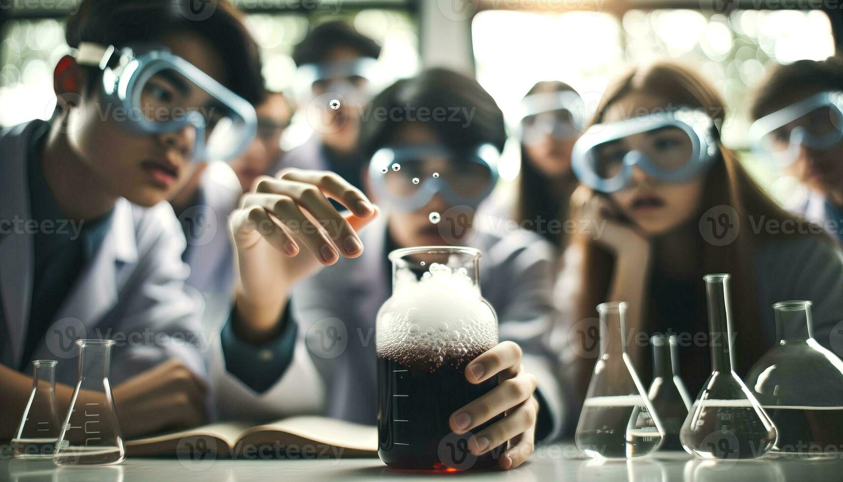 ai gerado alunos quem estão imerso dentro a mundo do química Veja cuidadosamente às a mistura dentro uma taça. generativo ai foto