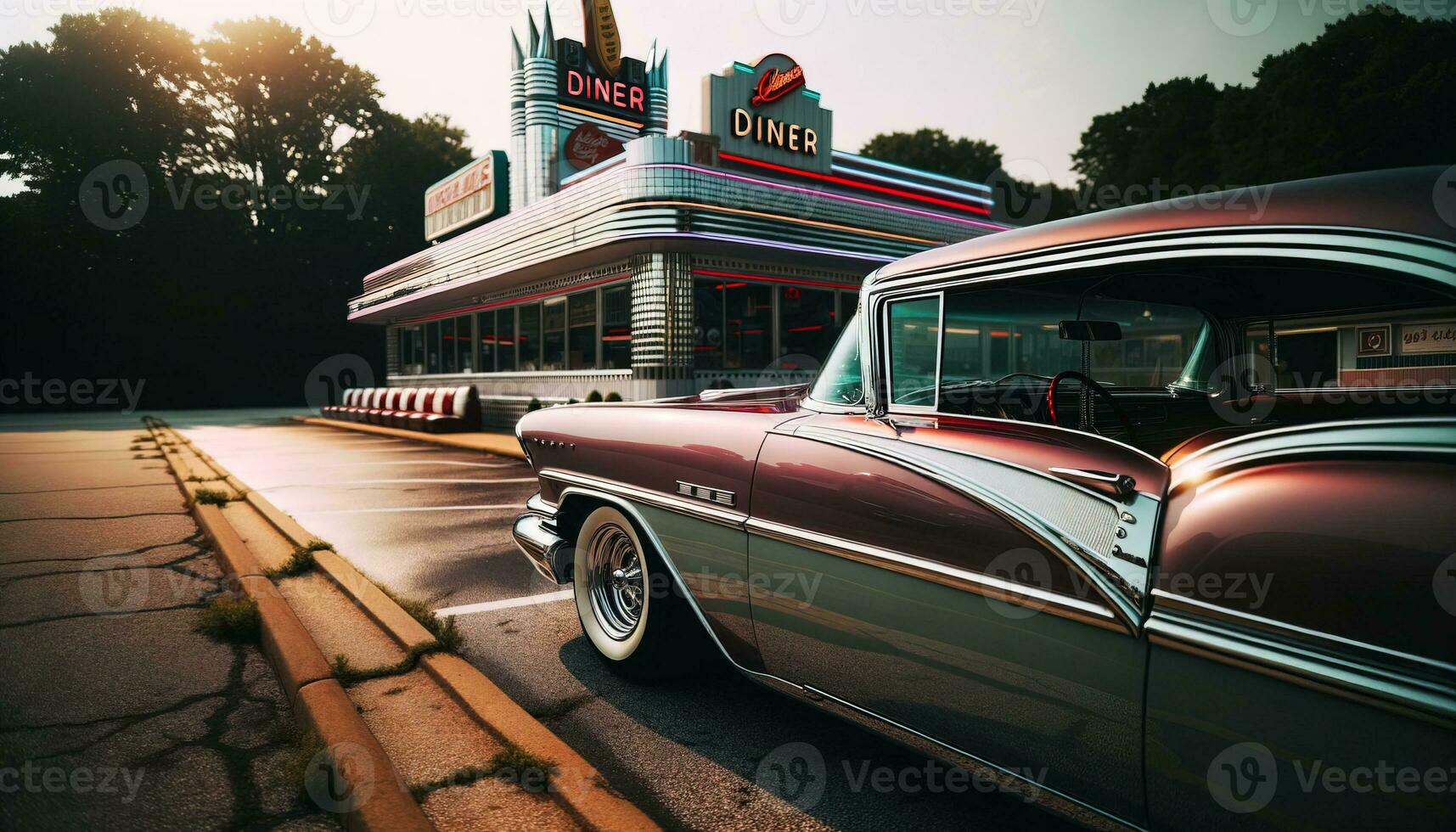 ai gerado uma clássico carro em pé em a asfalto estrada Próximo para uma retro restaurante. generativo ai foto