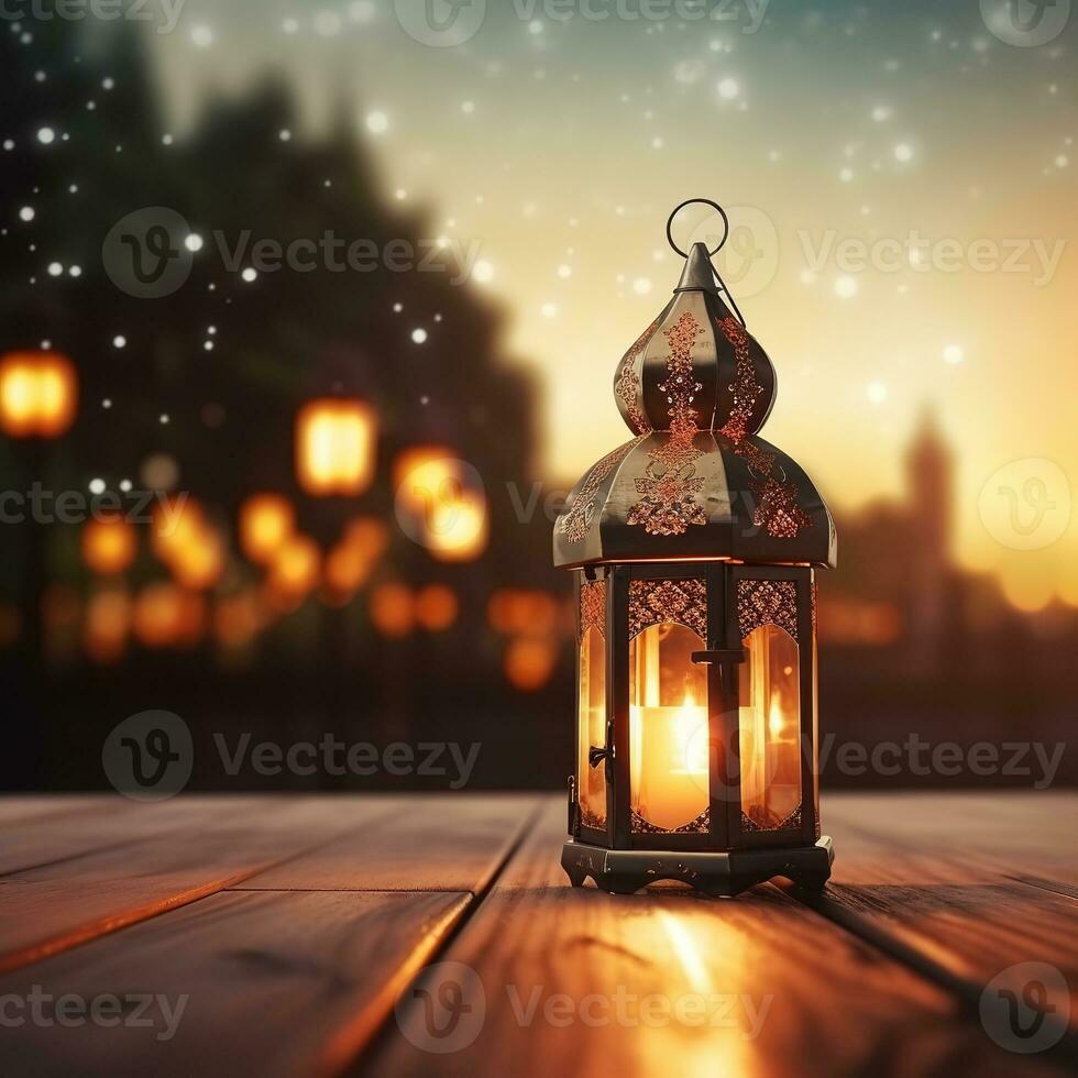ai gerado lindo queimando árabe lanterna em de madeira atrás mesquita fundo, Ramadã foto