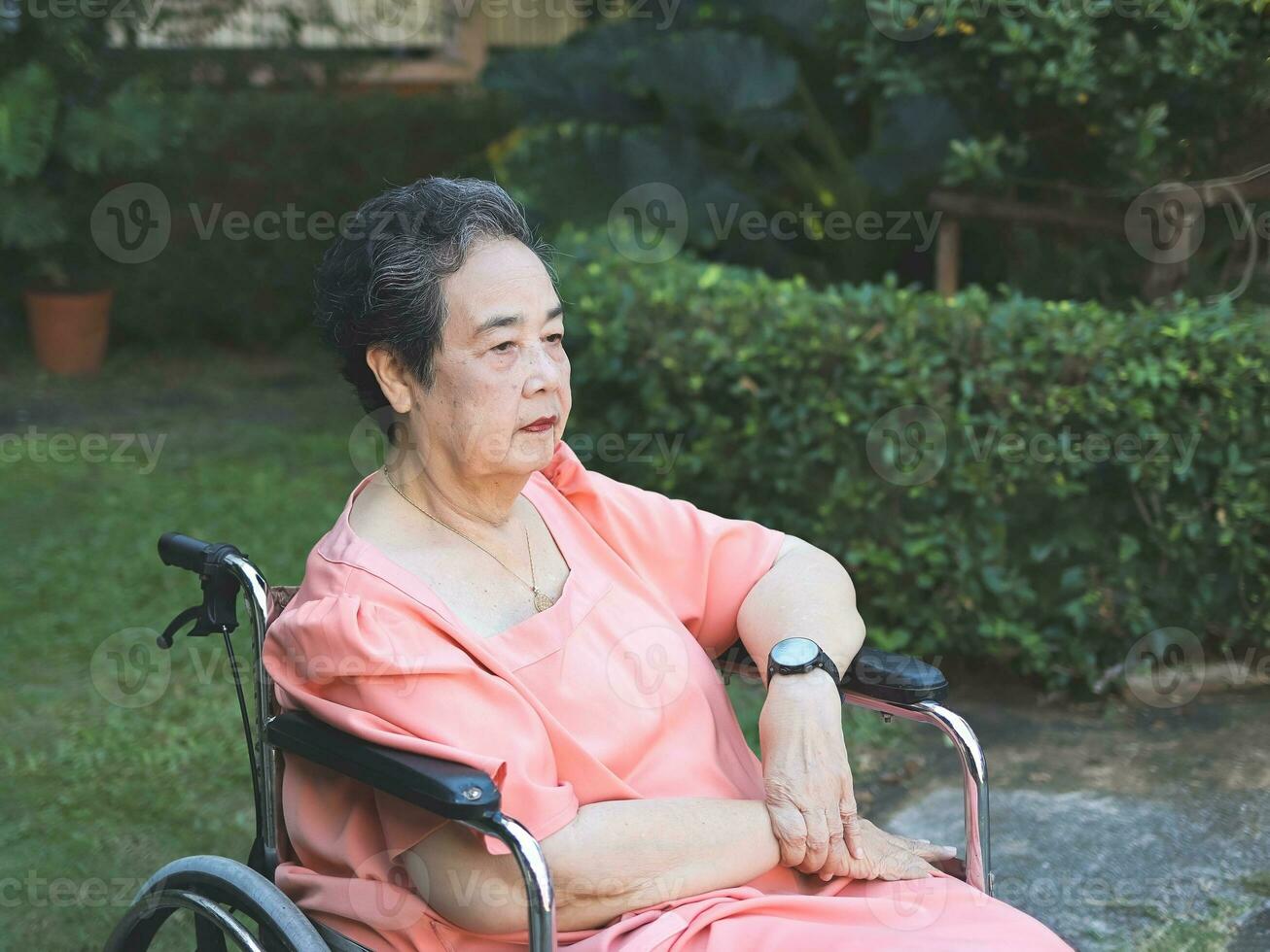 feliz ásia Senior mulher sentado em cadeira de rodas dentro a jardim. foto